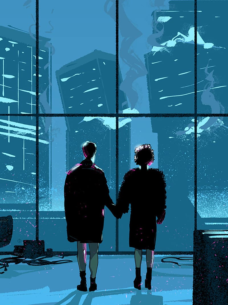 Fight Club, Der Erzähler, Marla Singer, Schlussszene, Illustration, Blau, HD, Tablet-Hintergrund