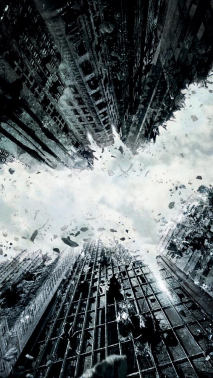The Dark Knight Rises, Batman-Logo, Einstürzende Hochhäuser, Filmplakat, Schwarz-Weiß, Handy-Hintergrundbild
