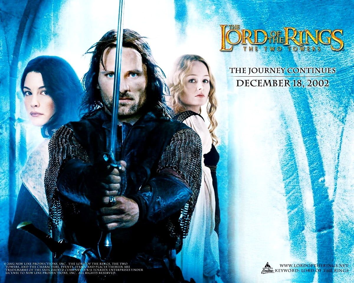 Der Herr der Ringe: Die zwei Türme, Aragorn, Arwen, Éowyn, Filmplakat, Schwert, Hintergrundbild