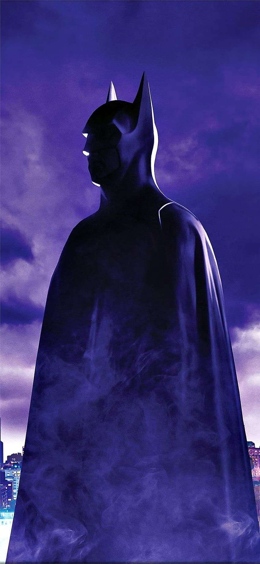 Batman, Silhouette, Umhang, Lila Nebel, Profil, HD, Handy-Hintergrund im Hochformat