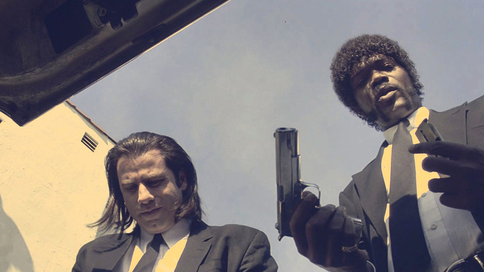 Vincent Vega, Jules Winnfield, John Travolta, Samuel L. Jackson, Pistolen, Froschperspektive, HD Wallpaper
