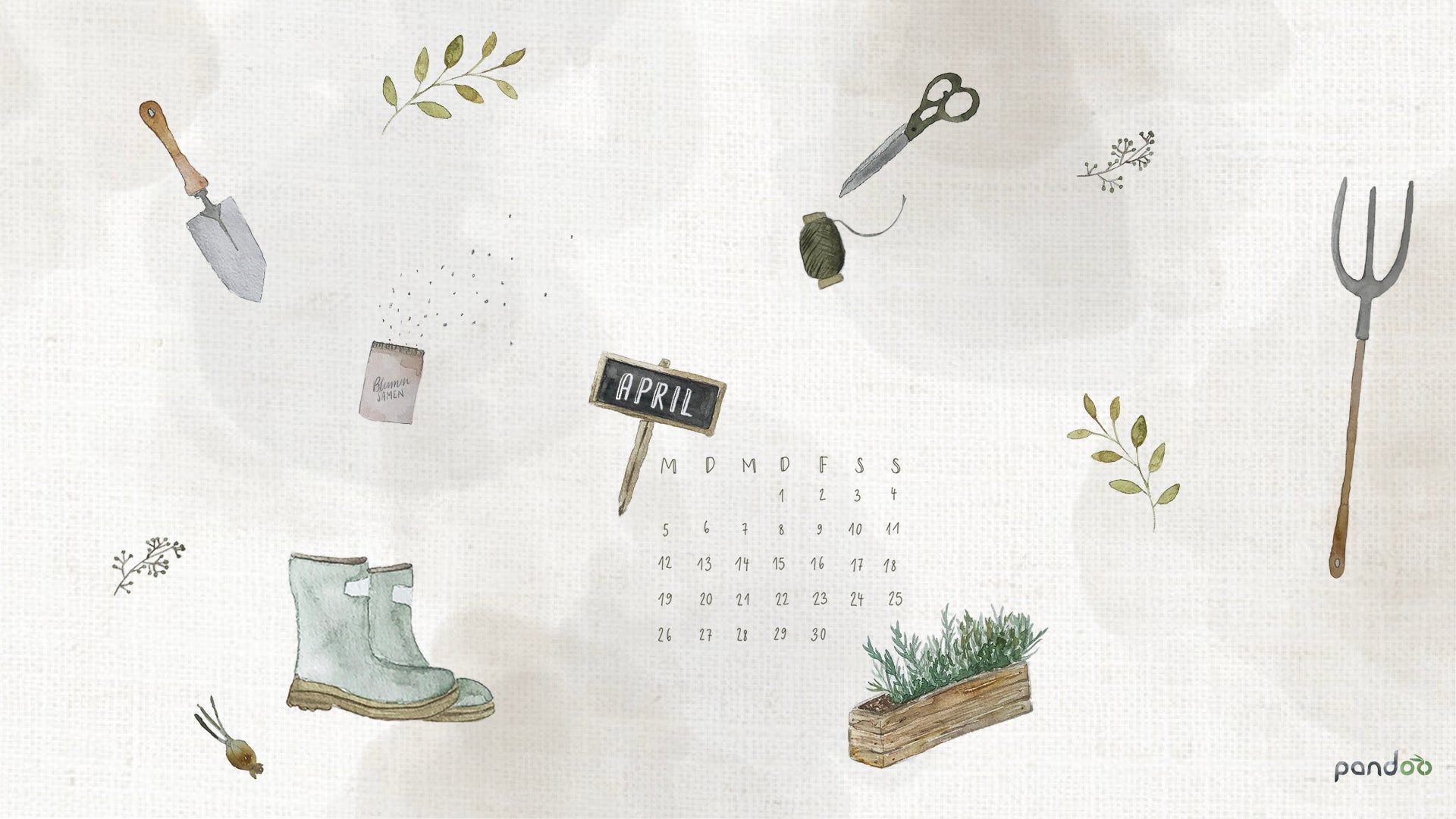 Kalender, April, Gartengeräte, Gummistiefel, Illustration, Full HD, Laptop-Hintergrundbild