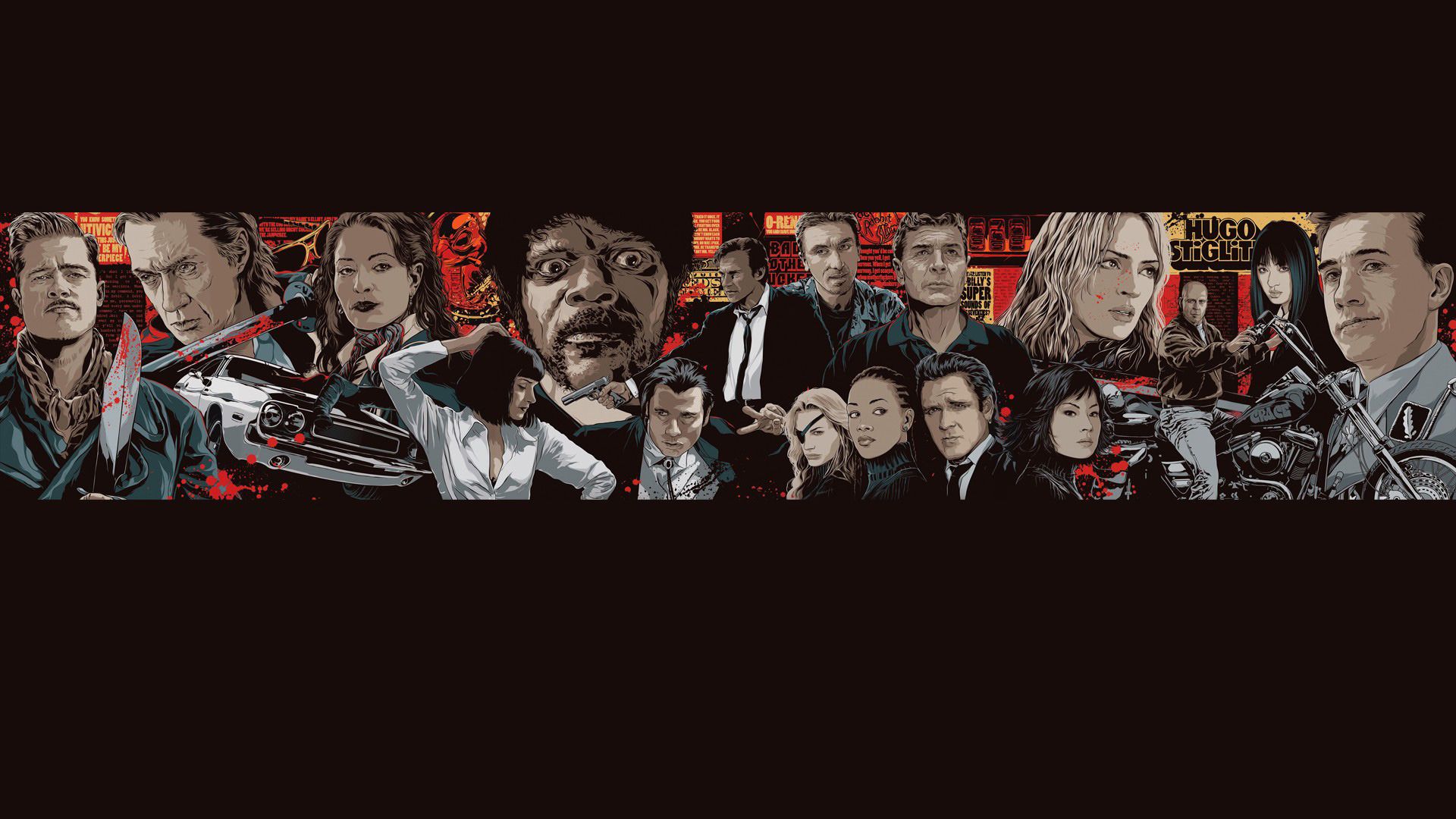 Quentin Tarantino, Pulp Fiction, Kill Bill, Filmfiguren, Illustration, Panorama, 1080p-Hintergrundbild
