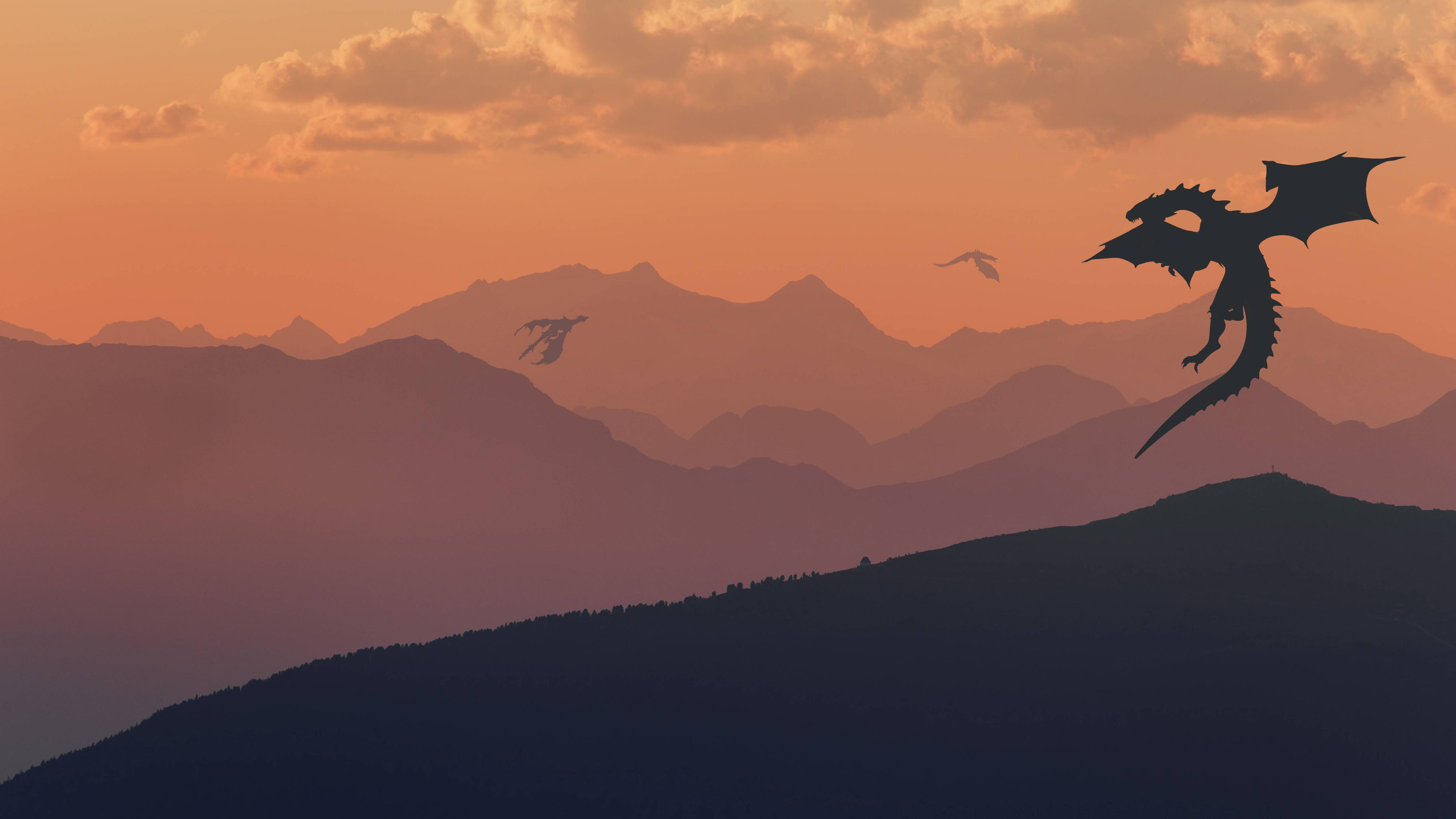 Nazgûl, Flugbestie, Der Herr der Ringe, Berge, Silhouette, Orange Himmel, 5K, Windows-Hintergrundbild