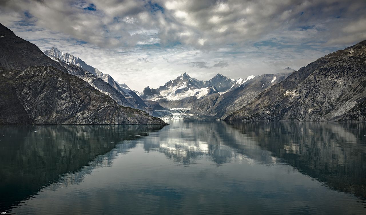Fjord, Schneeberge, Spiegelung, Bewölkt, Gletscher, HD, Hintergrundbild für den PC