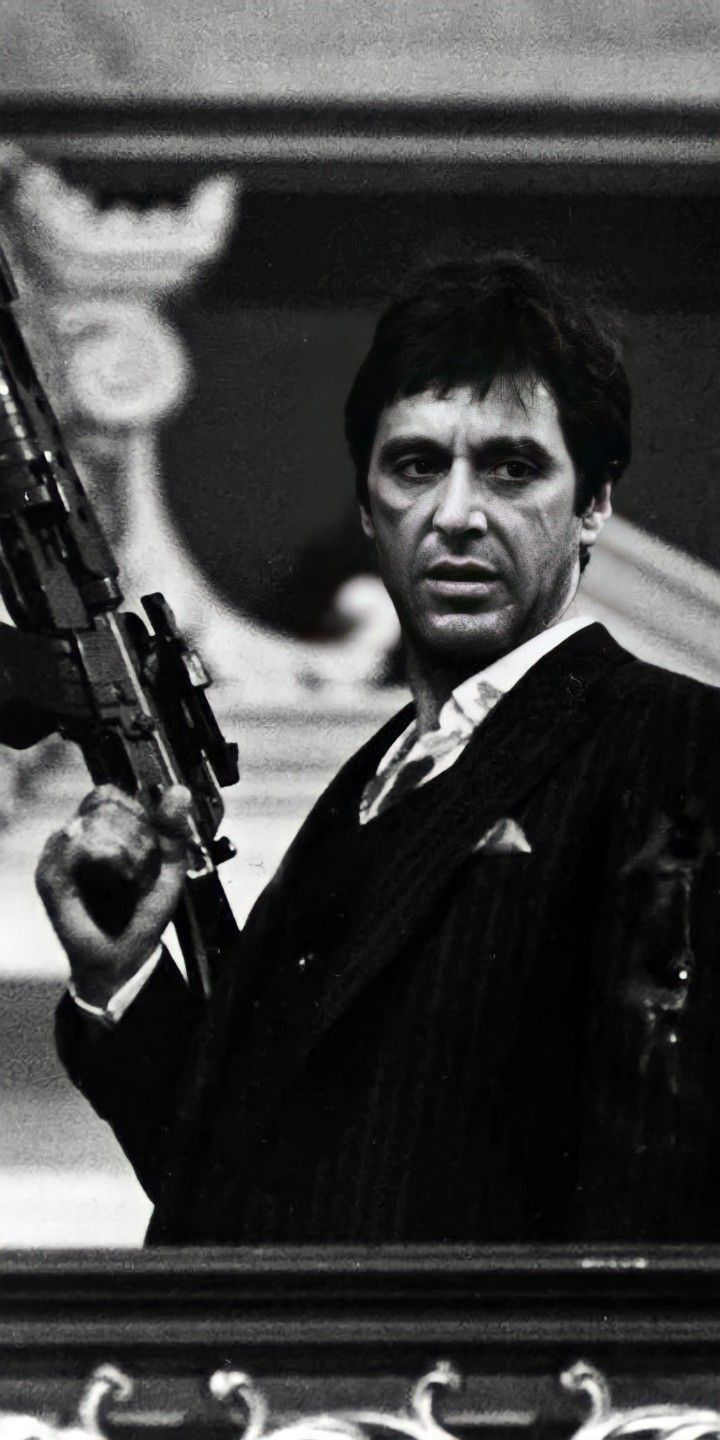 Tony Montana, Al Pacino, Scarface, Maschinengewehr, Schwarz-Weiß, HD, iPhone-Hintergrundbild