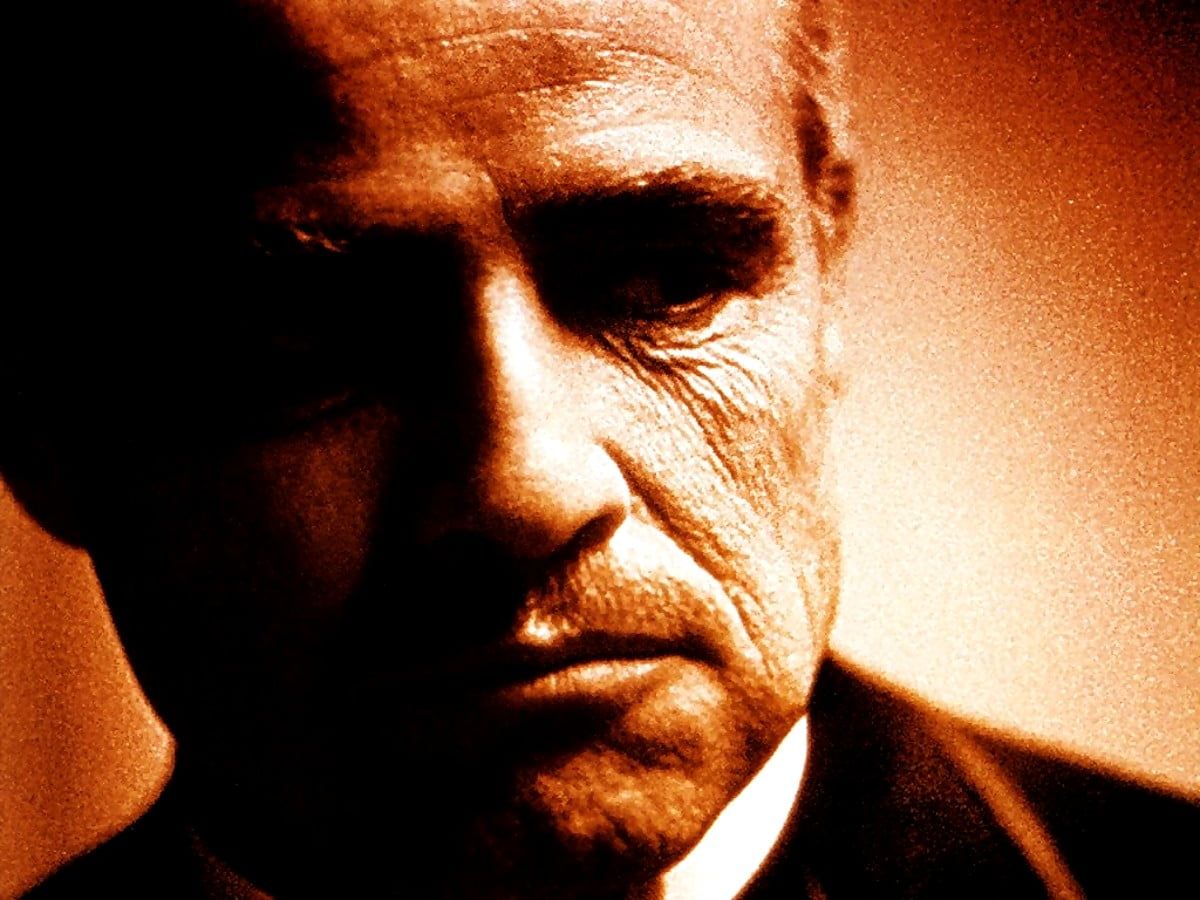 Vito Corleone, Marlon Brando, Der Pate, Nahaufnahme, Orange, Dramatisches Licht, Tablet-Hintergrund