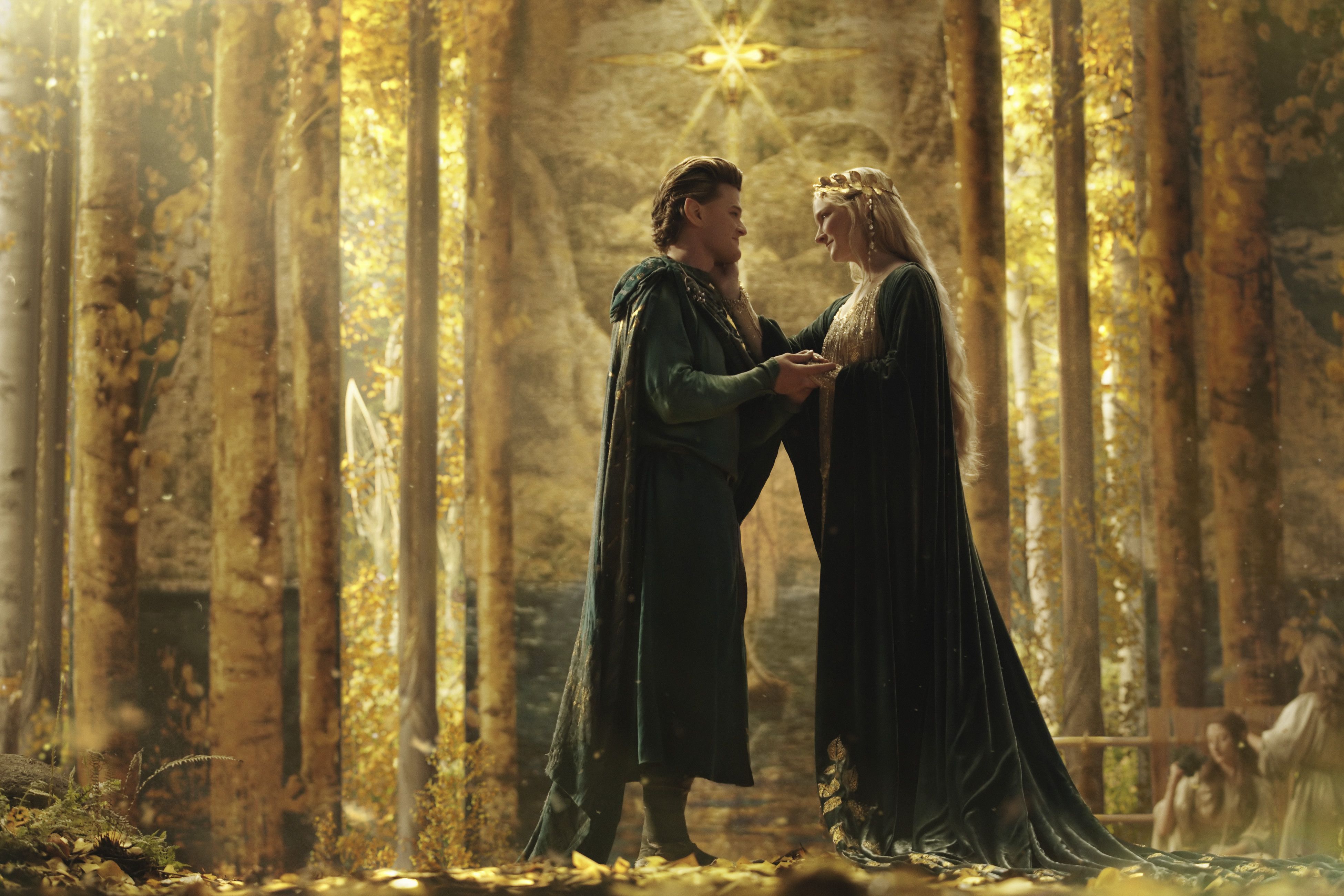 Aragorn, Arwen, Der Herr der Ringe, Wald, Goldenes Licht, 4K, Laptop-Hintergrundbild