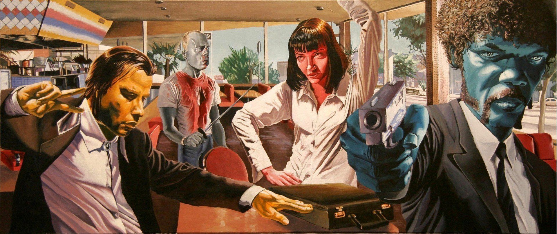 Vincent Vega, Mia Wallace, Jules Winnfield, Pulp Fiction, Gemälde, Diner, Full HD, Laptop-Hintergrundbild