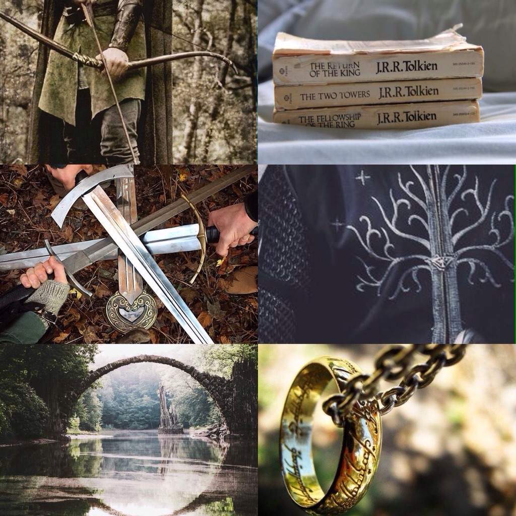 Der Eine Ring, Weißer Baum von Gondor, Collage, Bücher, Schwert, Hintergrundbild fürs Tablet