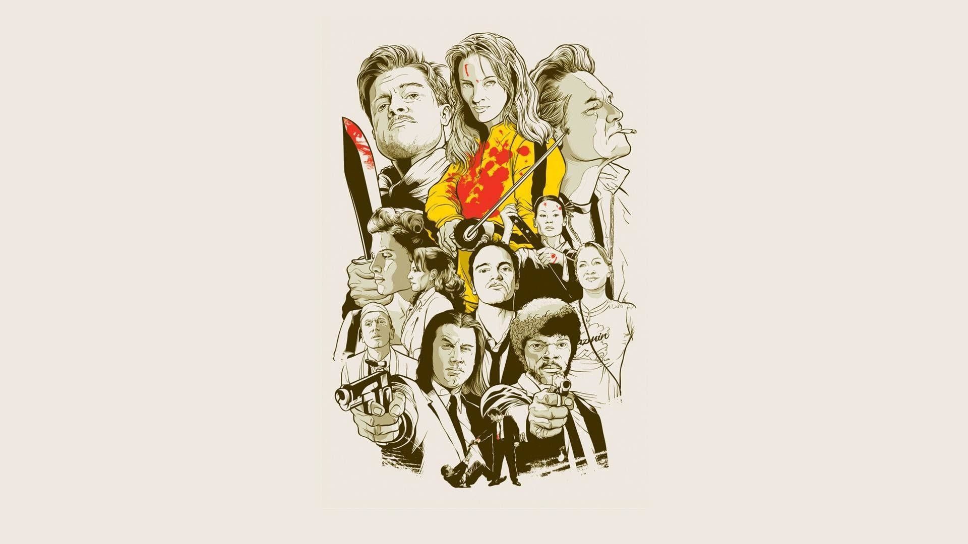 Pulp Fiction, Quentin Tarantino, Filmfiguren, Zeichnung, Sepia, 1920x1080, PC-Hintergrundbild