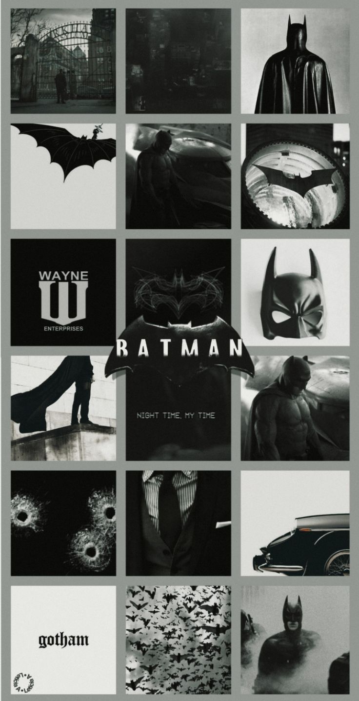 Batman, Collage, Schwarz-Weiß, Batman-Logo, Gotham, Hintergrundbild für iPhone und Android