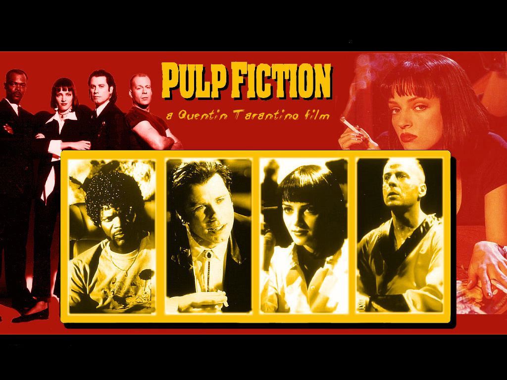 Pulp Fiction, Mia Wallace, Butch Coolidge, Filmplakat, Roter Hintergrund, Wallpaper
