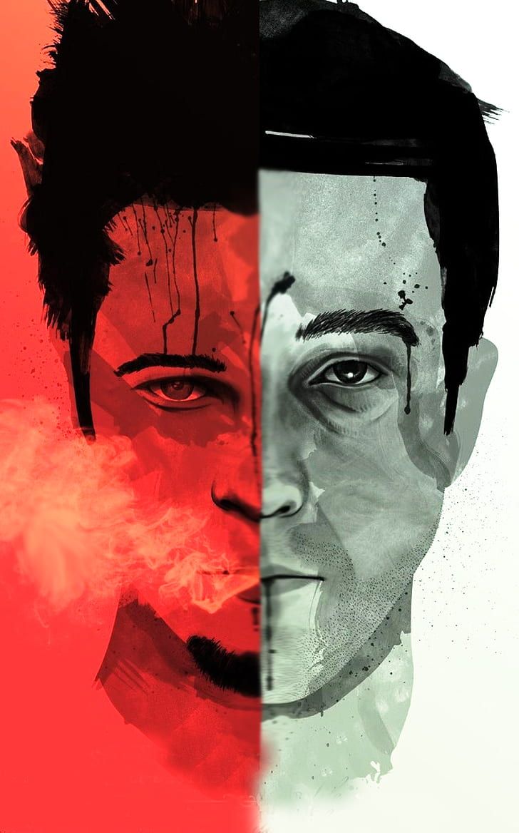 Fight Club, Tyler Durden, Der Erzähler, Geteiltes Gesicht, Rauch, Rot, HD, Handy-Hintergrund