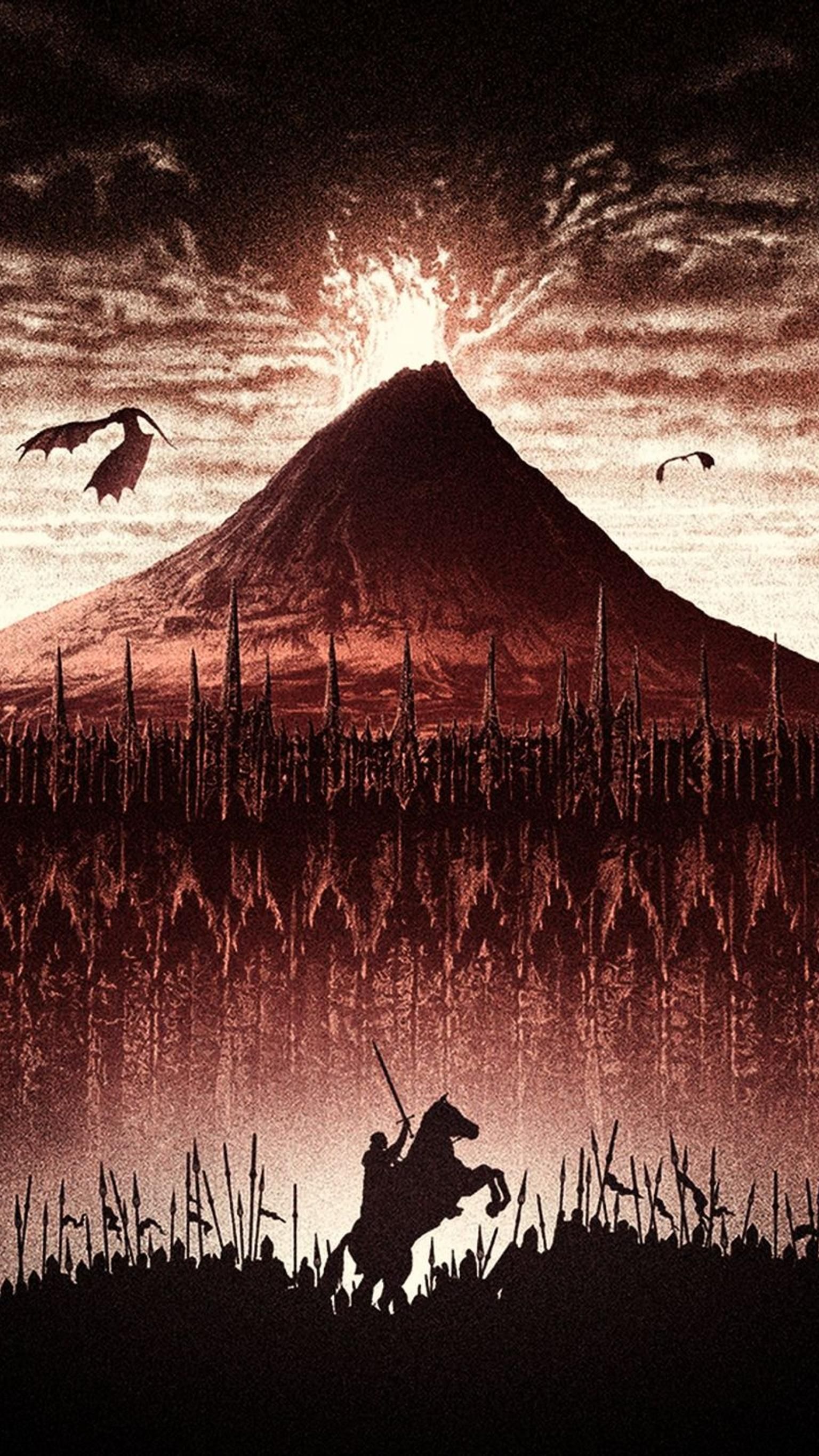 Schicksalsberg, Mordor, Der Herr der Ringe, Reiter, Illustration, Rote Töne, Smartphone-Hintergrund