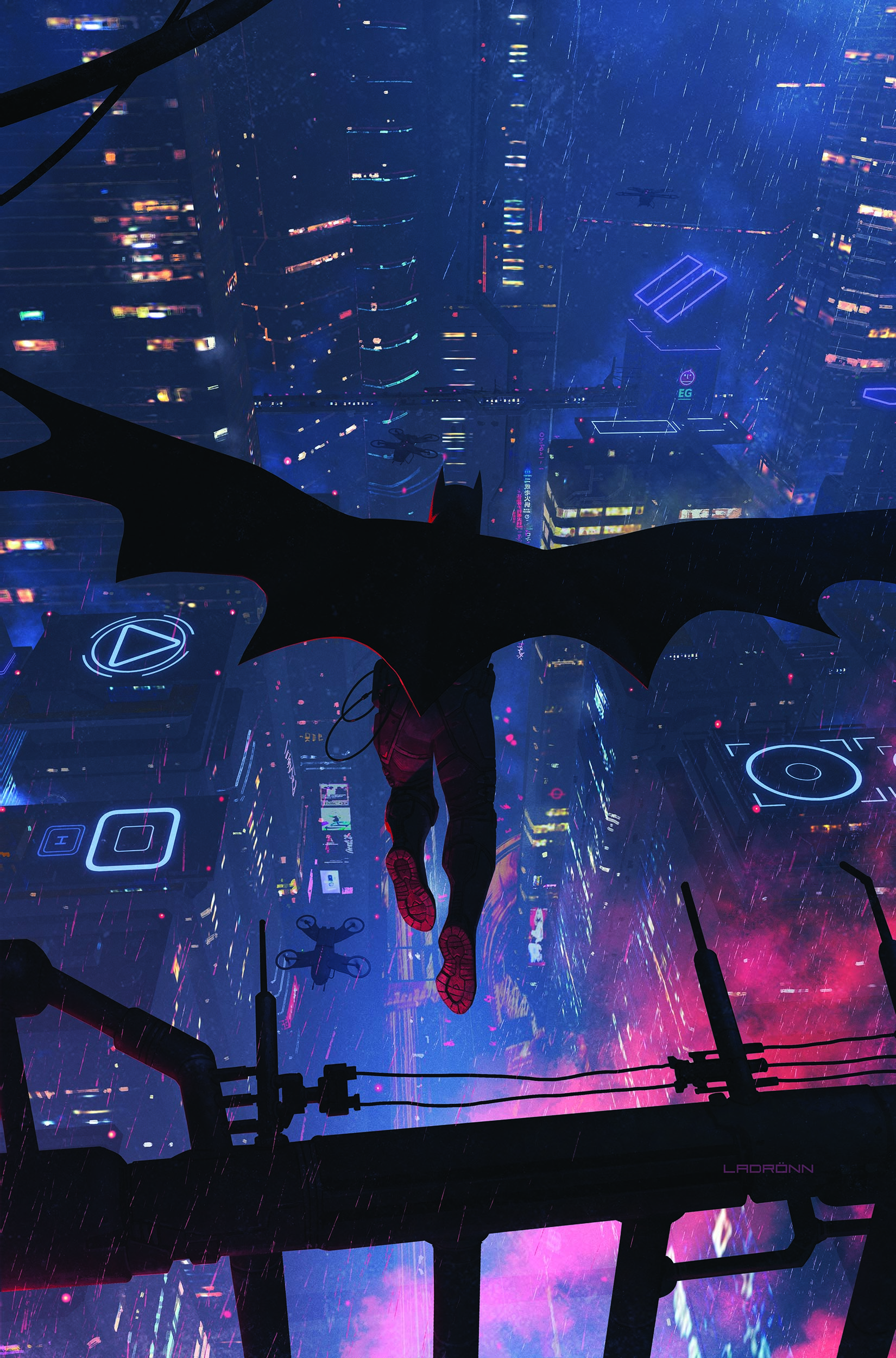 Batman, Hochhäuser, Neonstadt, Froschperspektive, Pink, Blau, QHD+, iPhone-Hintergrundbild