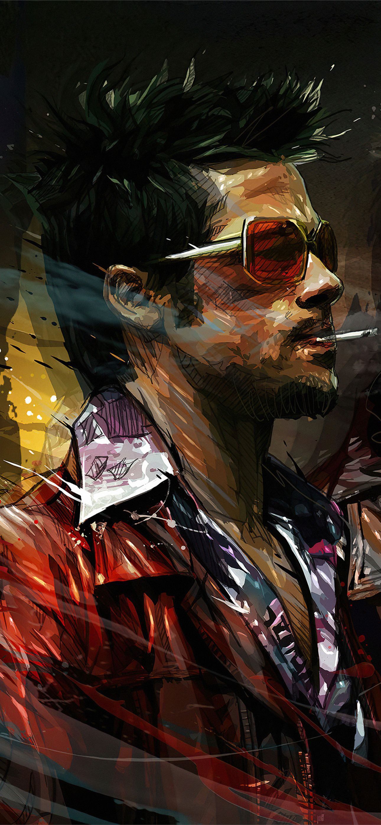 Fight Club, Tyler Durden, Brad Pitt, Sonnenbrille, Lederjacke, Zigarette, Full HD, Handy-Hintergrundbild