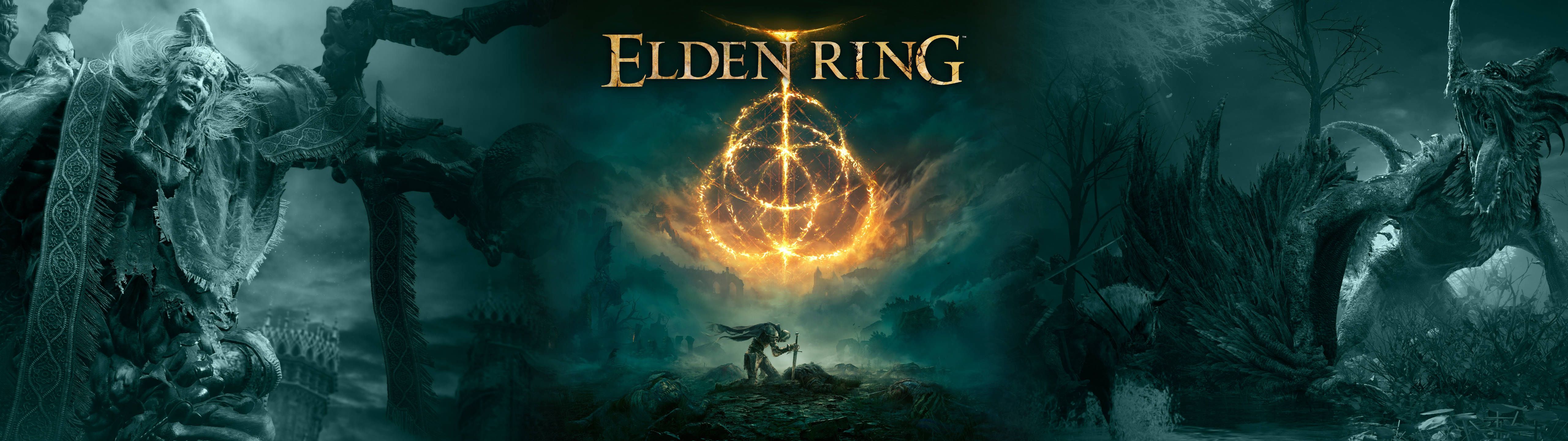 Elden Ring, Logo, Fantasy, Videospiel, Türkis, 32:9, 2K-Hintergrundbild für den Desktop