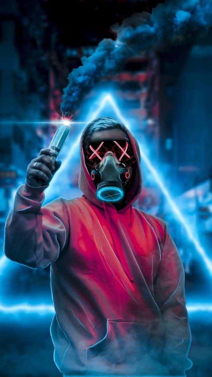 Kapuzenmann, LED-Maske, Neon, Rauch, Rote Kapuzenjacke, HD, Handy-Hintergrund im Hochformat