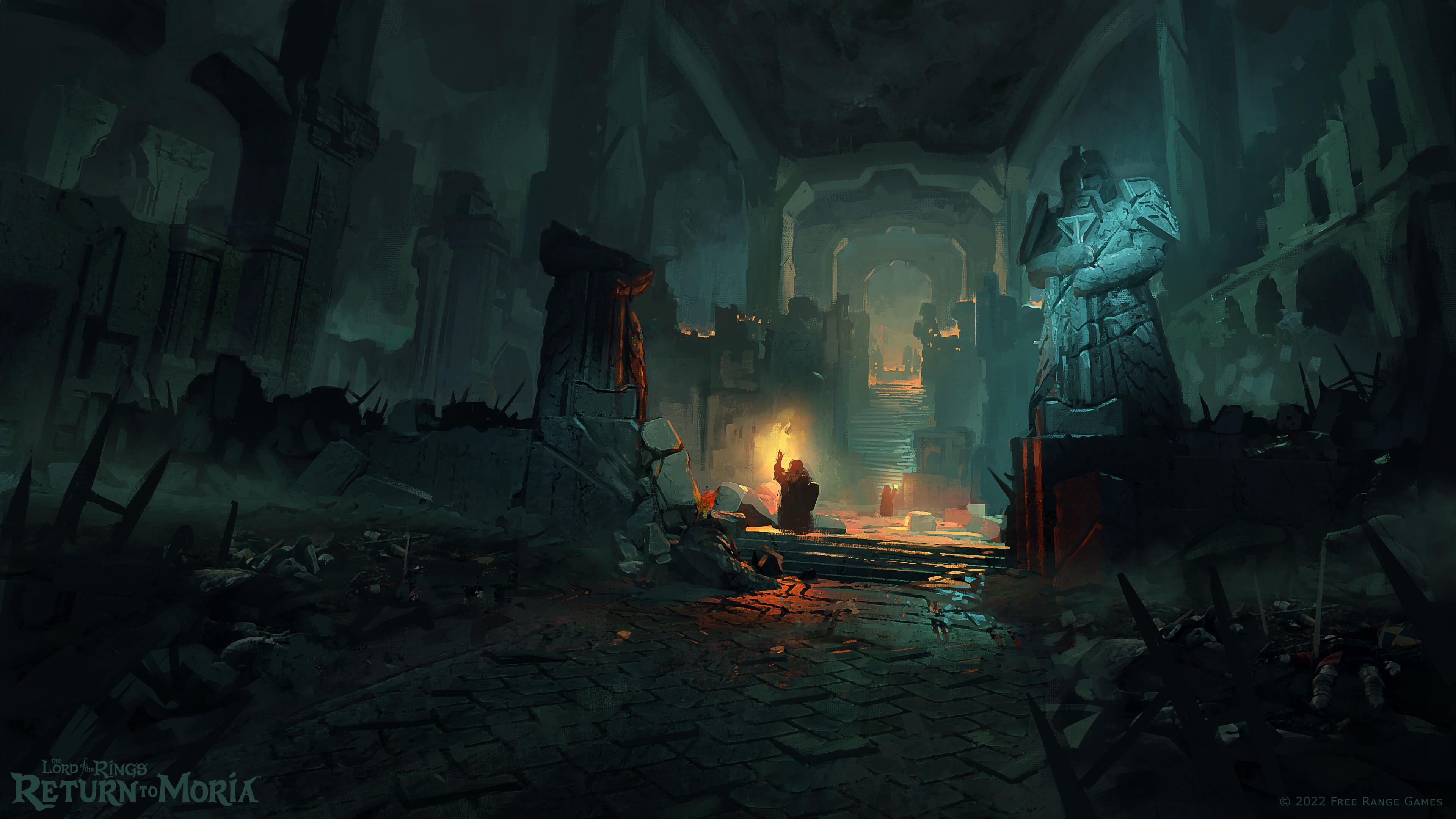 The Lord of the Rings: Return to Moria, Moria, Zwergenhalle, Statue, Fackeln, 4K-Desktop-Hintergrund