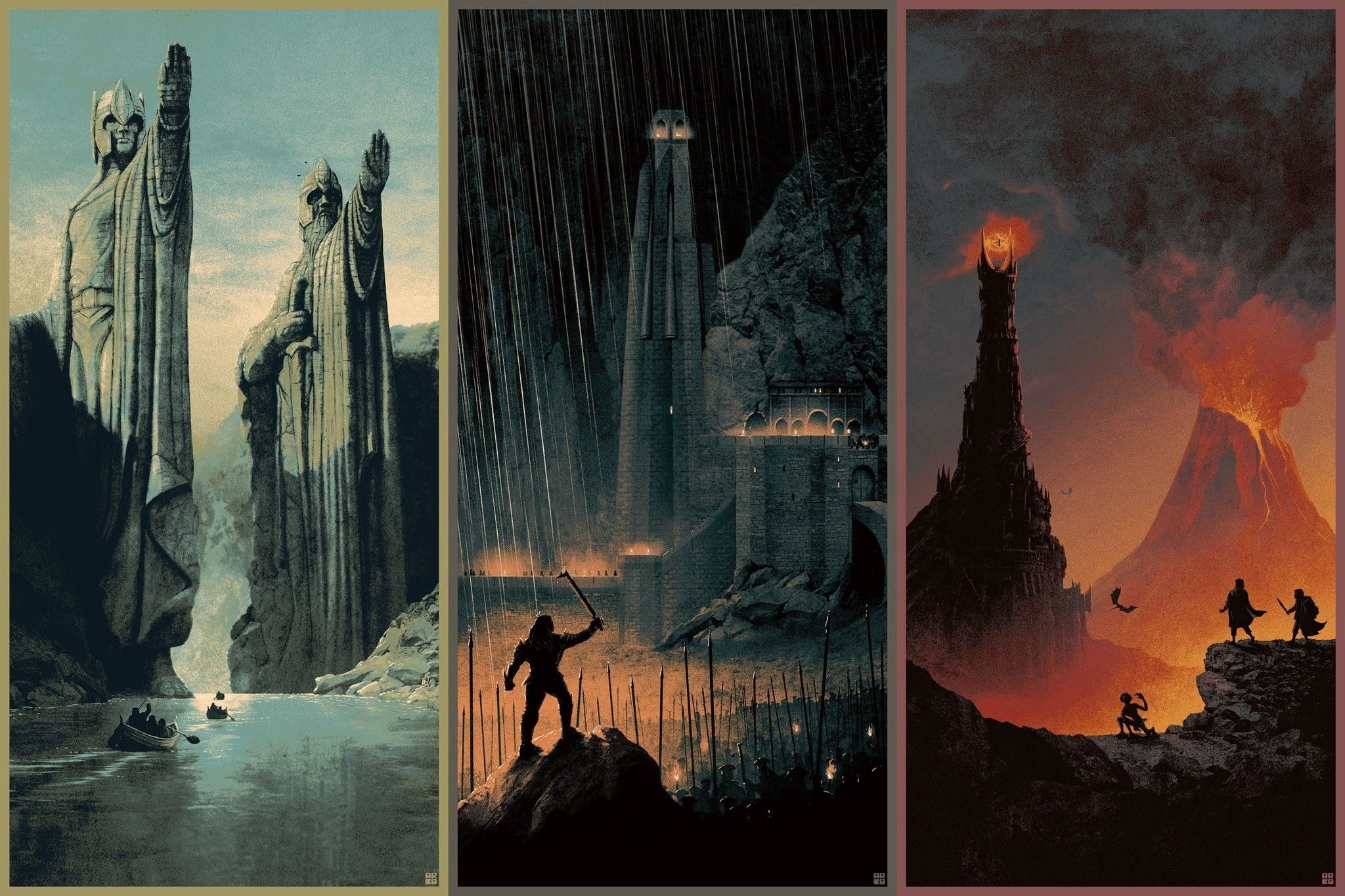 Argonath, Barad-dûr, Der Herr der Ringe, Triptychon, Illustration, Full-HD-Hintergrundbild für PC