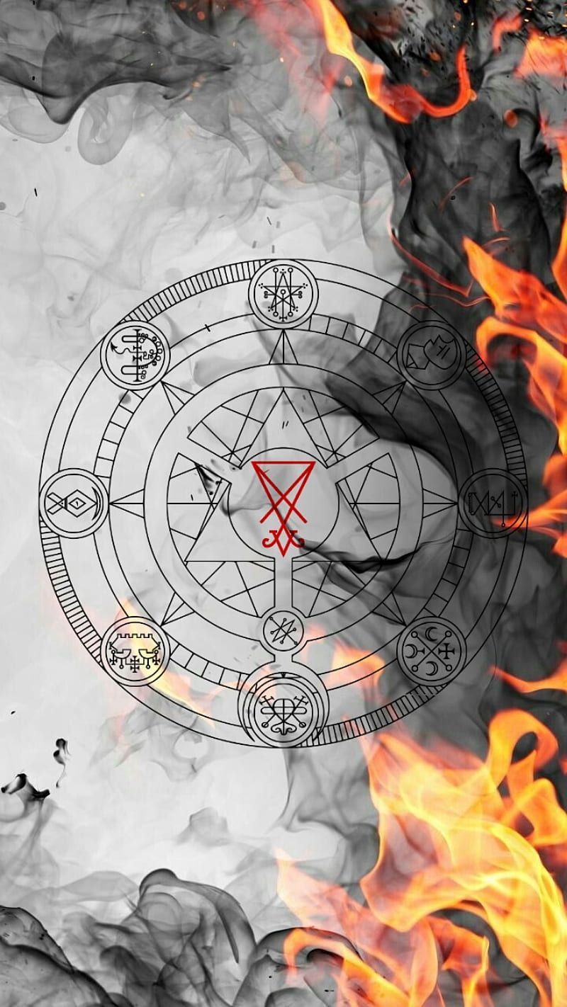 Transmutationskreis, Flammen, Alchemie, Schwarz-Weiß, Symbol, Hintergrundbild fürs Handy
