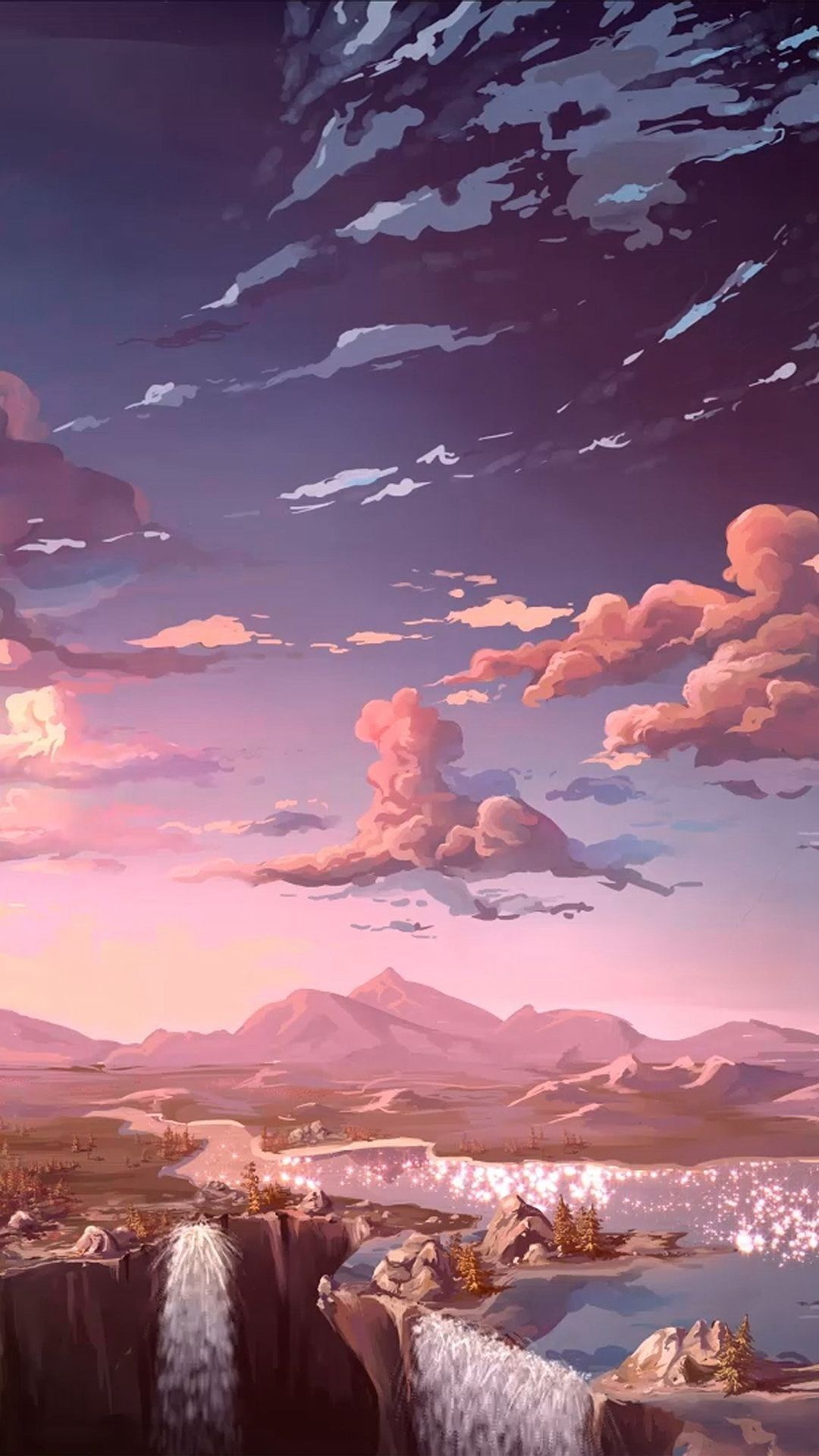 Anime-Landschaft, Wasserfall, Wolken, Abendhimmel, Rosa Wolken, Fantasy, Hintergrundbild fürs iPhone