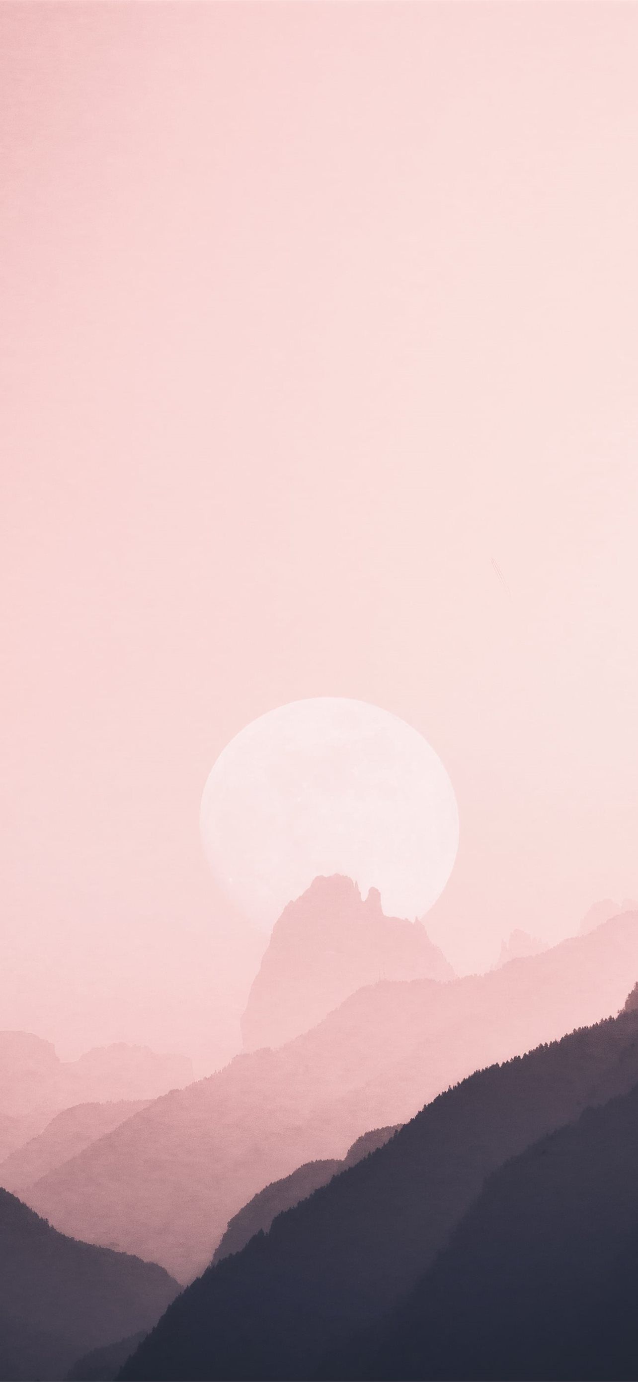 Berge, Mond, Rosa Himmel, Nebel, Minimalismus, Pastellfarben, iPhone 18 Pro, Hintergrundbild