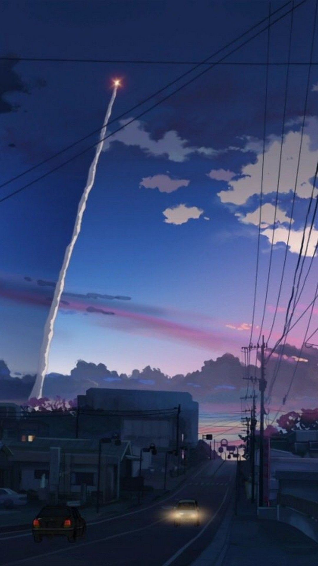 Anime-Stil, Kondensstreifen, Abendhimmel, Straße, Stromleitungen, Blau, iPhone 18 Pro, Wallpaper