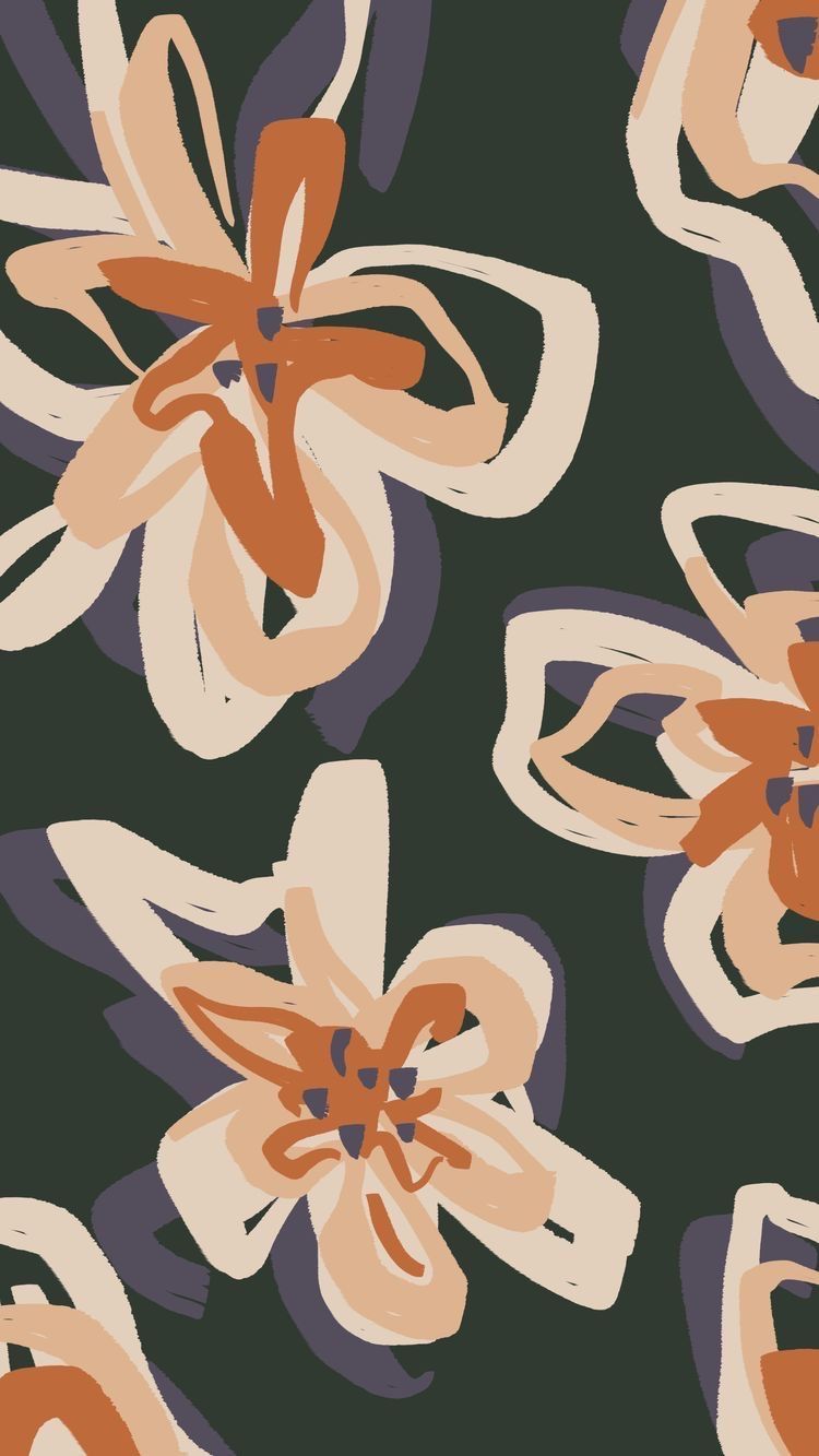 Blumenmuster, Lilien, Illustration, Dunkelgrün, Pfirsichfarben, Hintergrundbild fürs iPad Pro