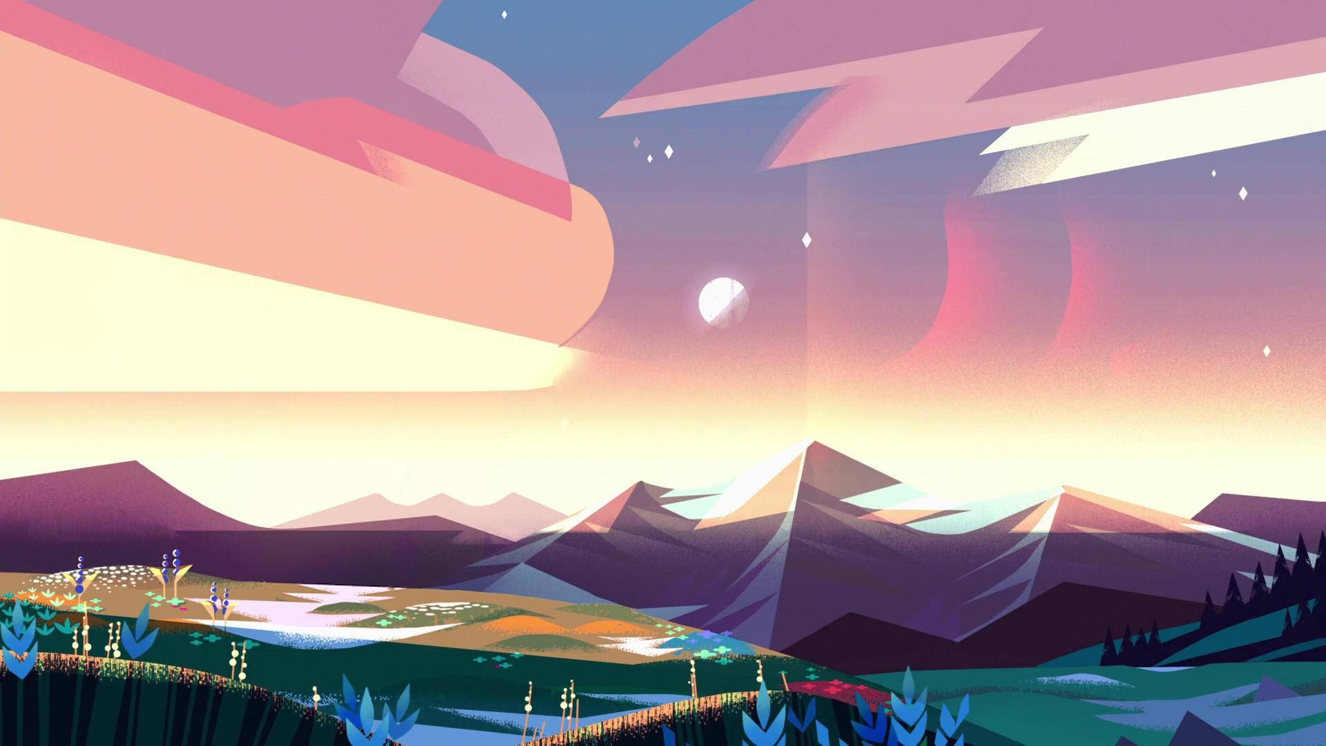 Berglandschaft, Mond, Wolken, Illustration, Pastell, Sonnenuntergang, iPad-Pro-Hintergrundbild