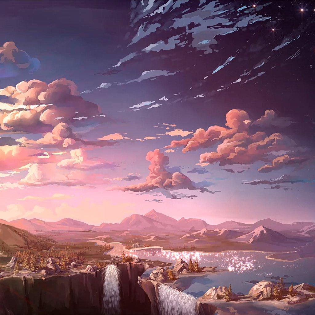 Anime-Landschaft, Wolken, Wasserfall, Abendhimmel, Digitale Malerei, Sperrbildschirm fürs iPad Pro