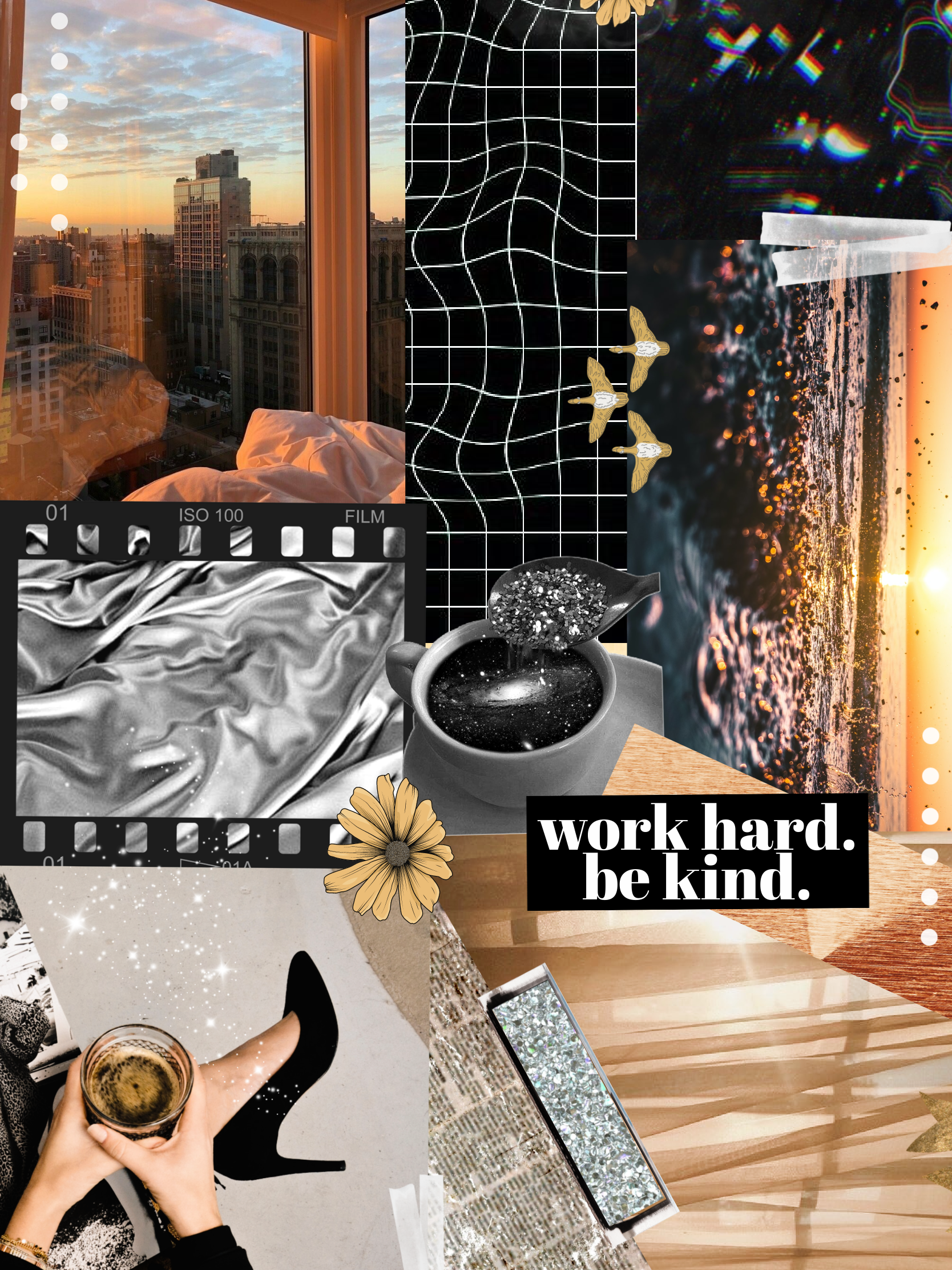 Collage, Work hard, be kind, Gold, Schwarz-Weiß, Luxus-Ästhetik, iPad Pro, Wallpaper