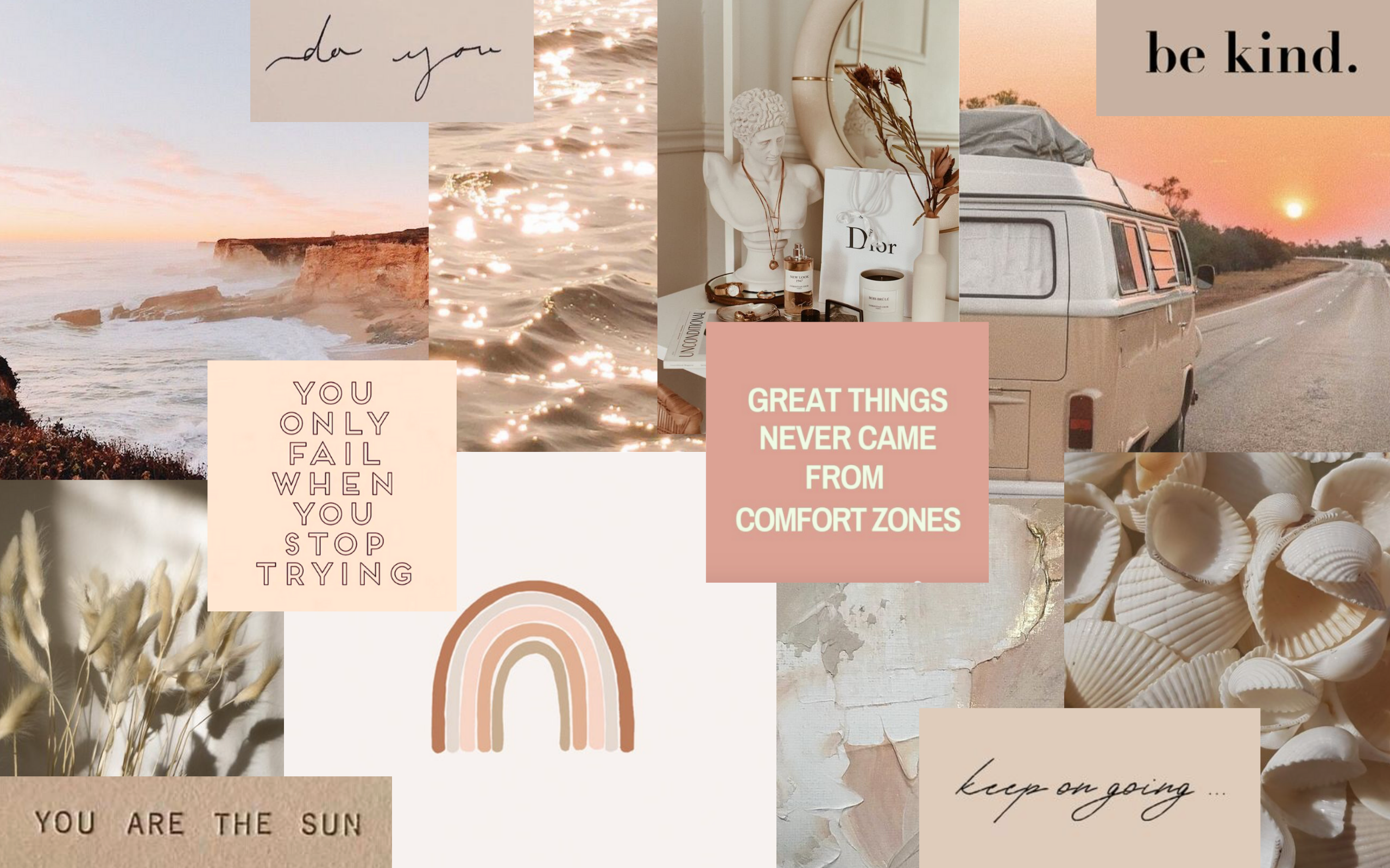 Be kind, Fotocollage, Motivationssprüche, Regenbogen, Beige, Boho, 2K, MacBook-Hintergrundbild
