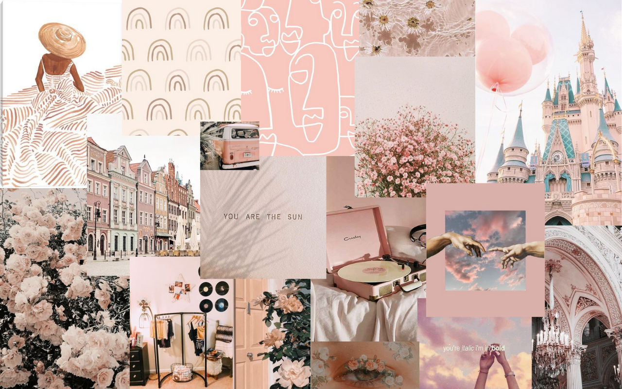 Fotocollage, Disney-Schloss, Rosa, Pastell, Ästhetik, HD, Hintergrundbild für den PC
