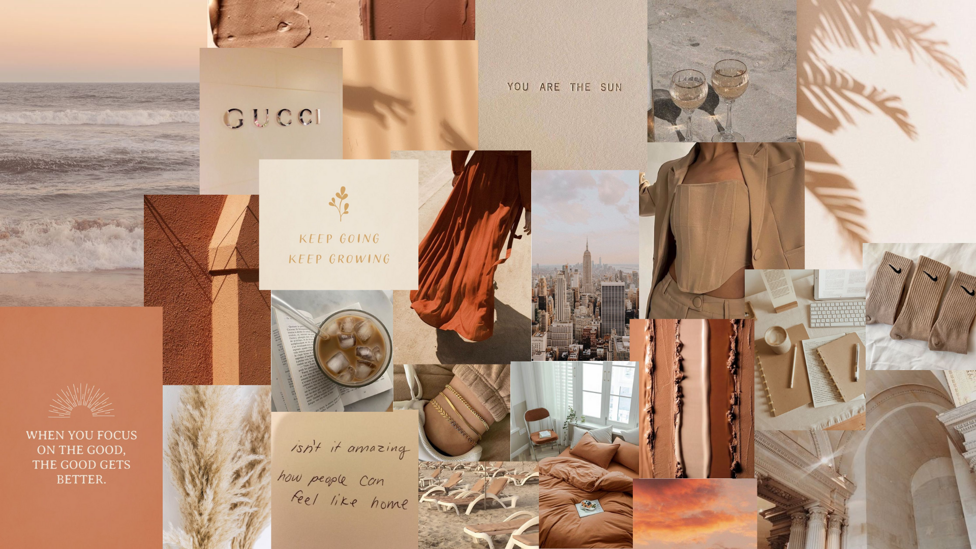 Fotocollage, Gucci, Braun, Terrakotta, Boho, Ästhetik, 16:9, Full-HD-Hintergrundbild für den Desktop