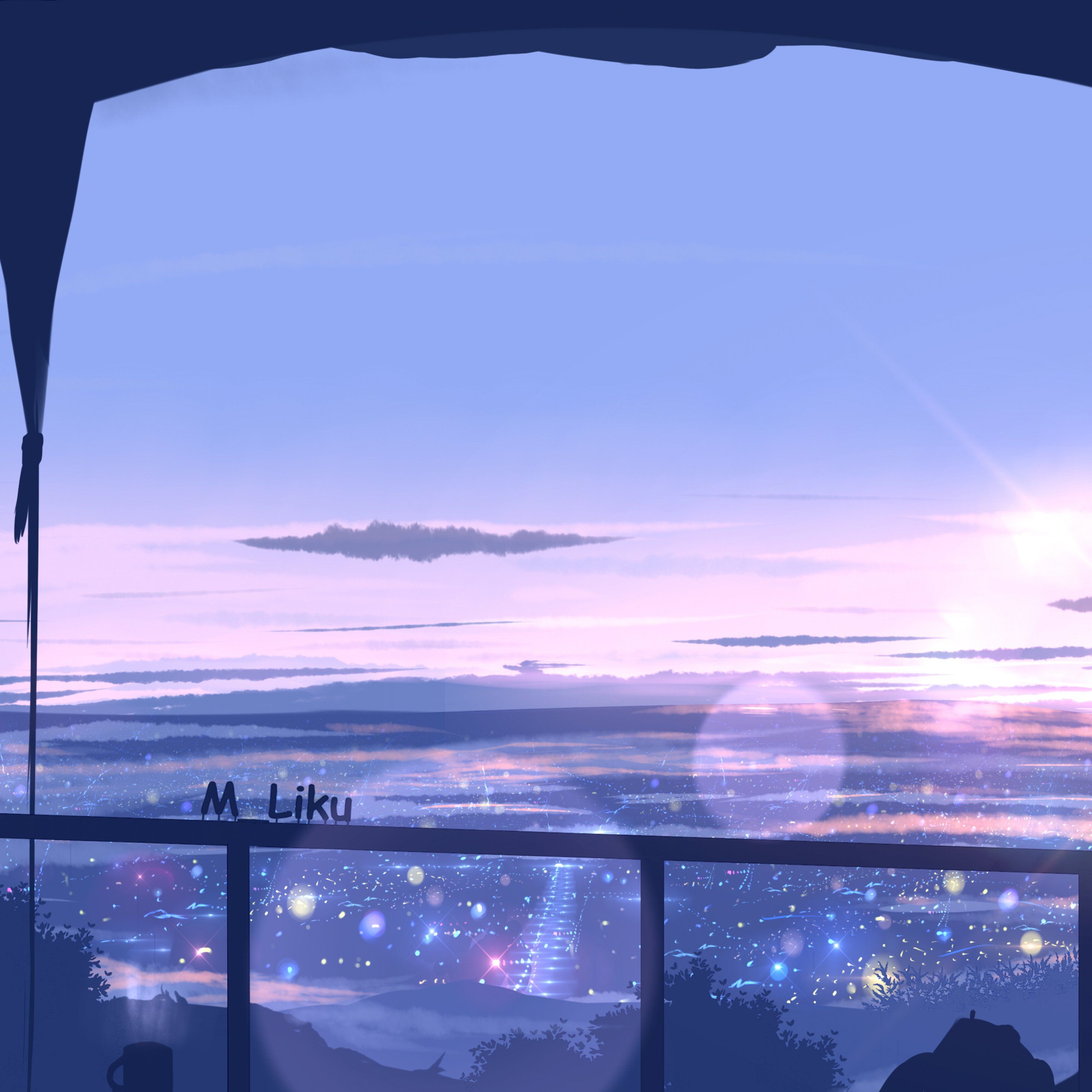Anime-Stil, Balkon, Stadtlichter, Wolken, Lila Himmel, iPad Pro, Tablet-Hintergrund