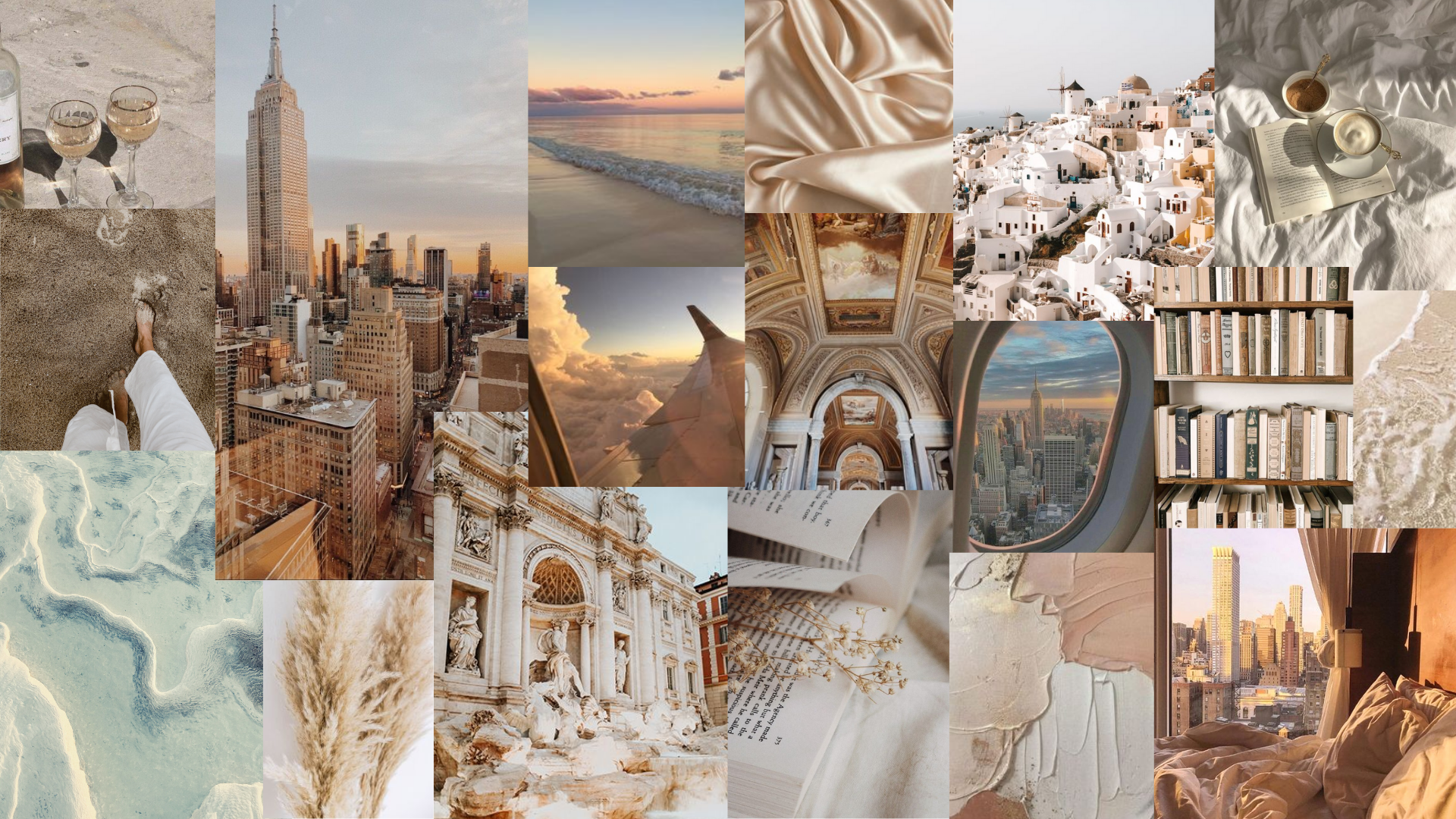 Empire State Building, Santorini, Fotocollage, Beige, Ästhetik, Reisen, Full HD, Laptop-Hintergrundbild