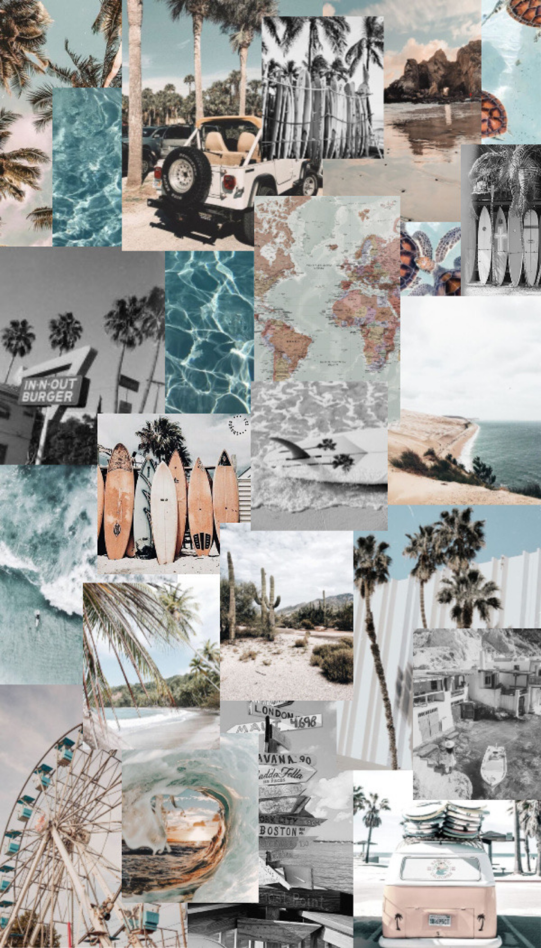 Collage, Ästhetik, Strand, Palmen, Graublau, Fotos, iPhone 18 Pro, Sperrbildschirm