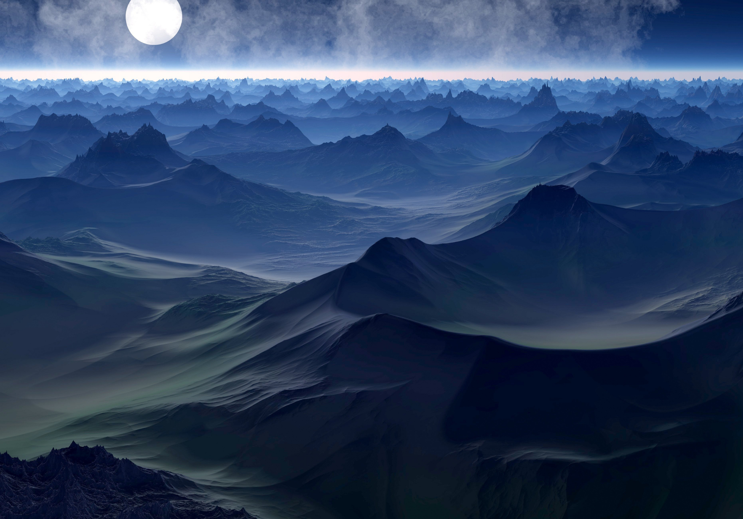 Berge, Mond, Nebel, Nacht, Digitale Kunst, Blau, iPad Pro, Hintergrundbild