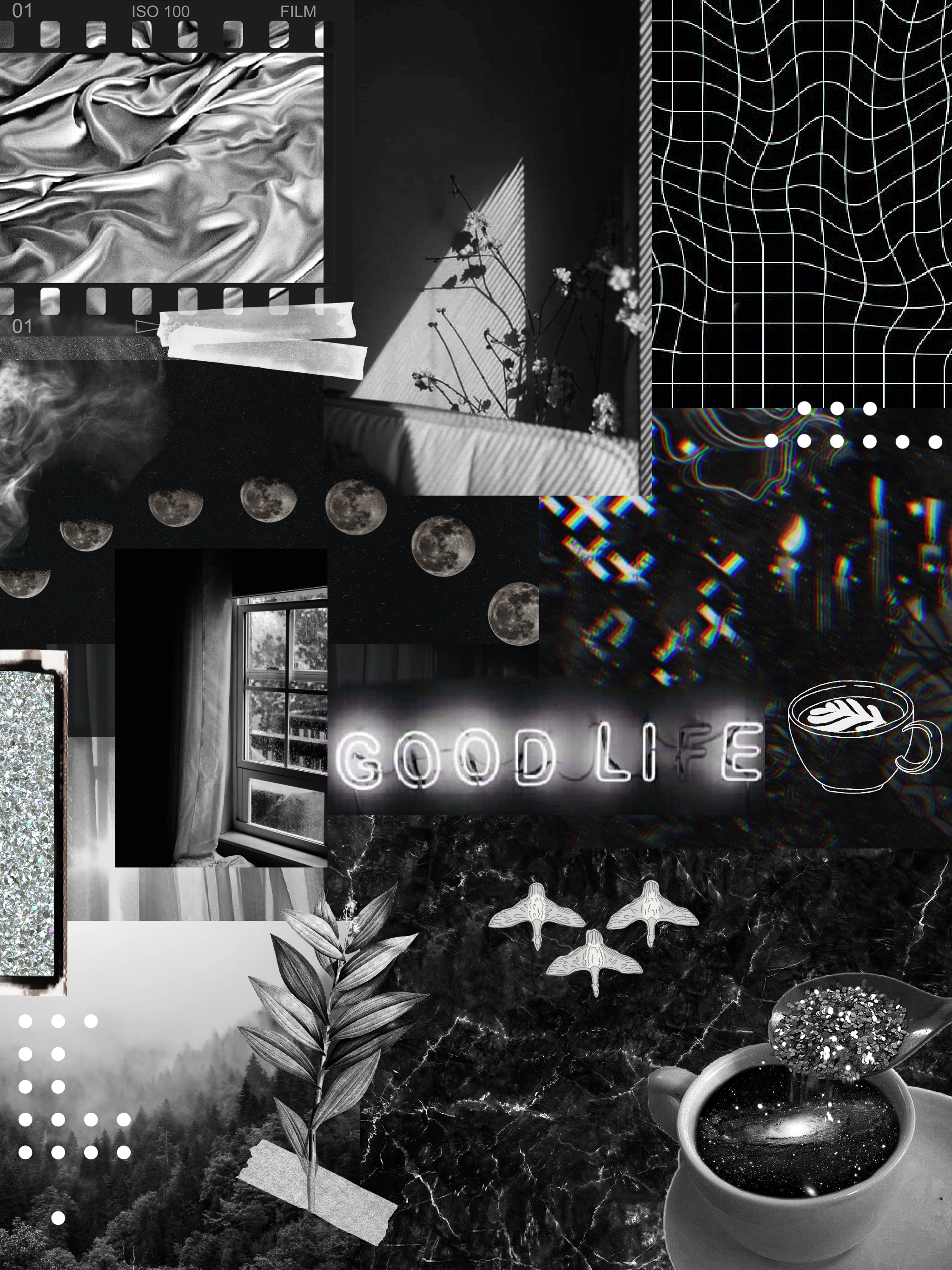 Collage, Schwarz-Weiß, Gitter, Dunkle Ästhetik, Vögel, Hintergrundbild fürs iPad Pro
