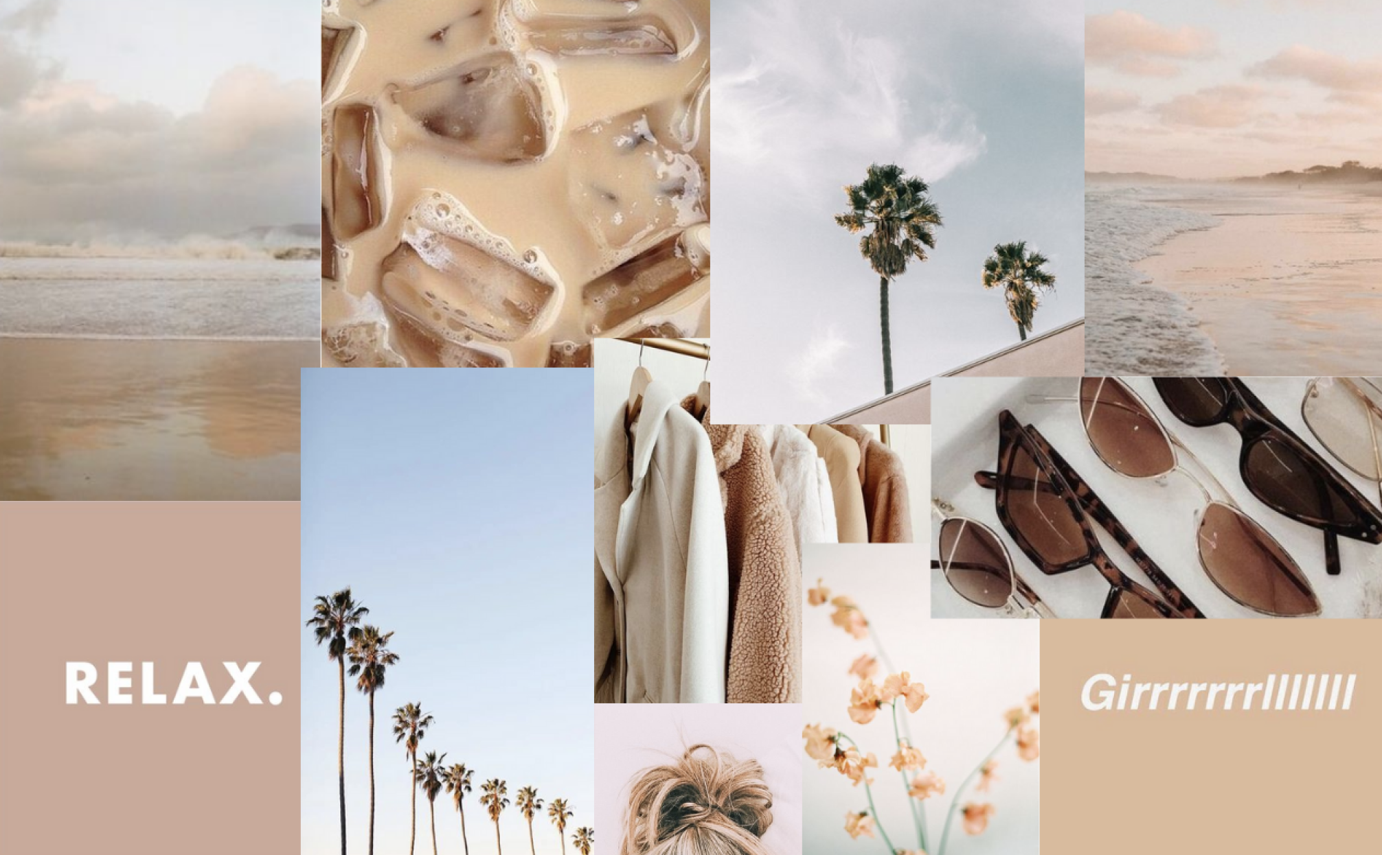 Collage, Relax, Palmen, Strand, Sonnenbrille, Eiskaffee, Ästhetik, Hintergrundbild fürs MacBook