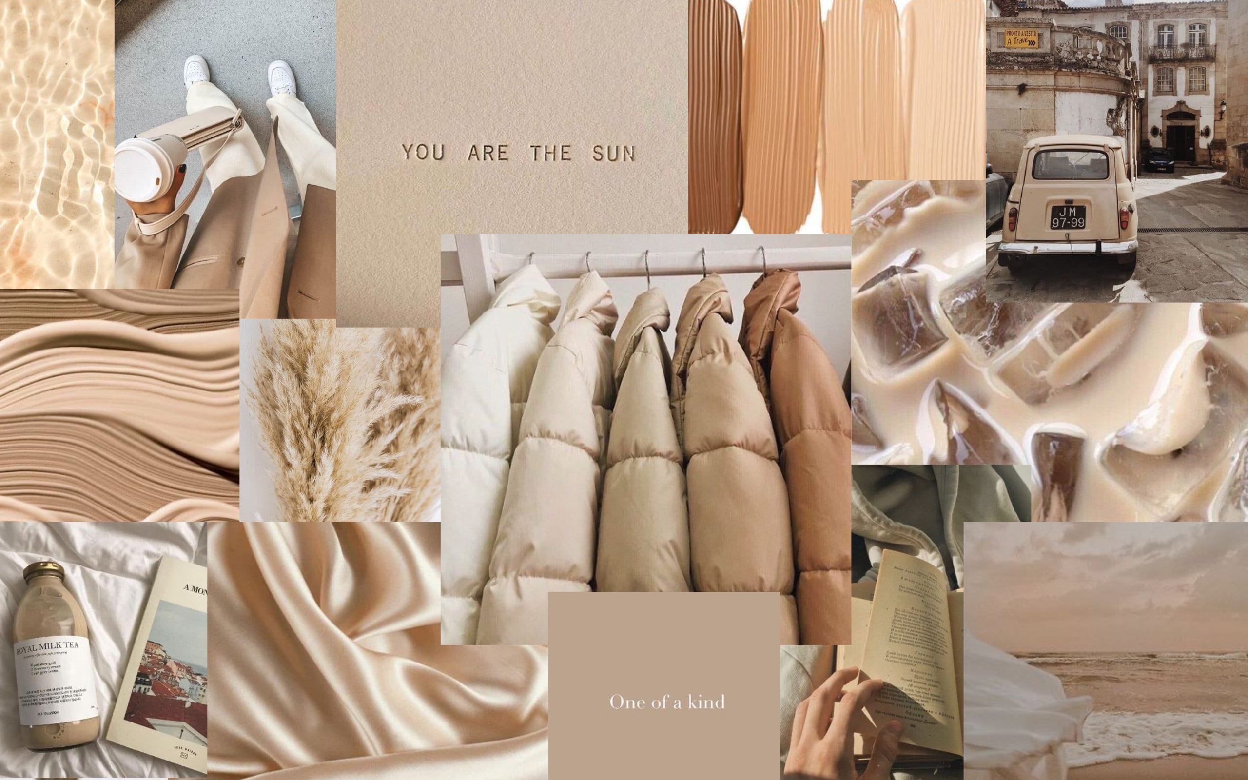 Collage, Beige Ästhetik, Mode, Kleiderständer, Oldtimer, Moodboard, Hintergrundbild fürs MacBook