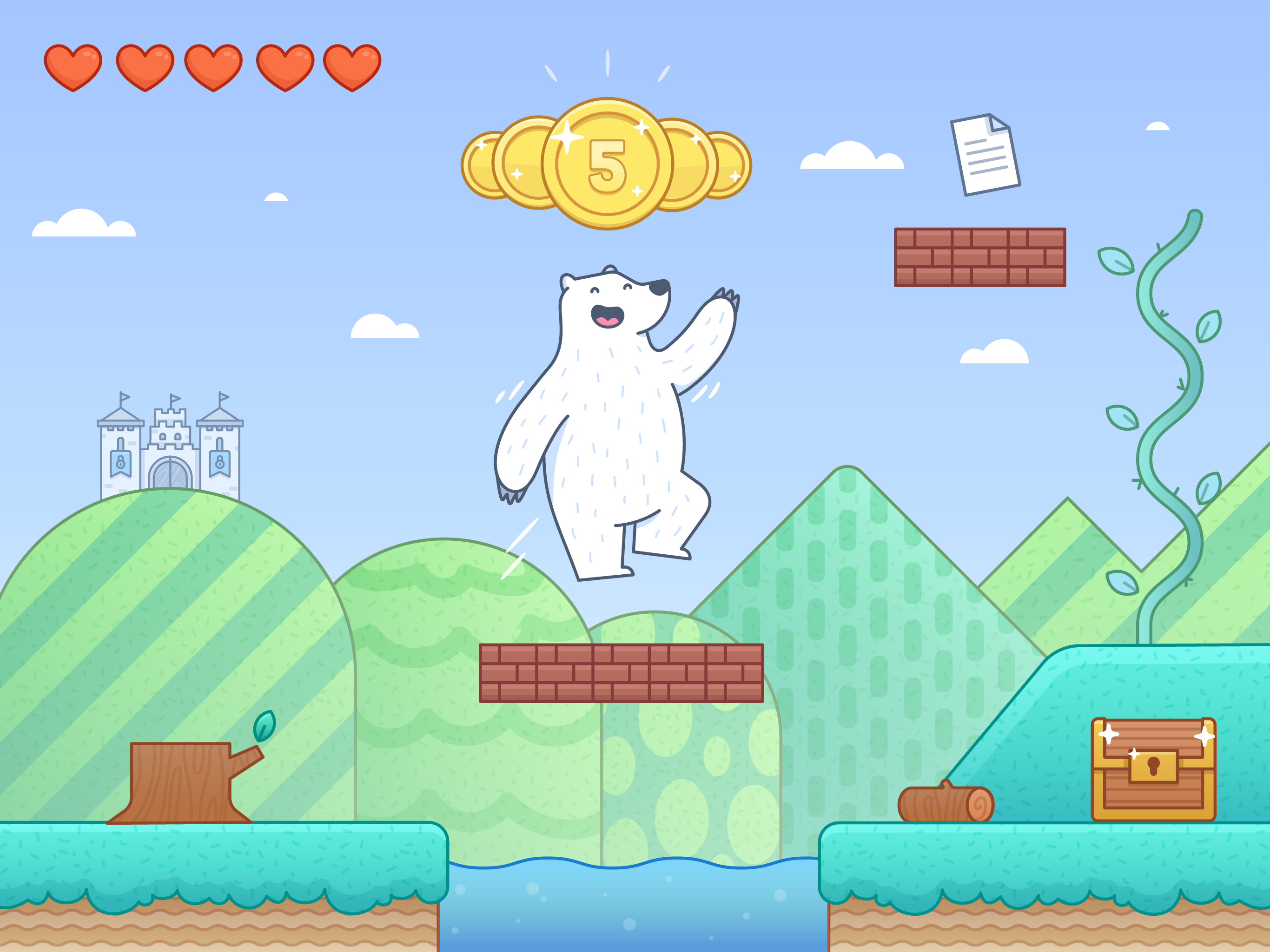 Eisbär, Jump 'n' Run, Pixel-Spielwelt, Herzen, Münze, Illustration, Hintergrundbild fürs iPad Pro