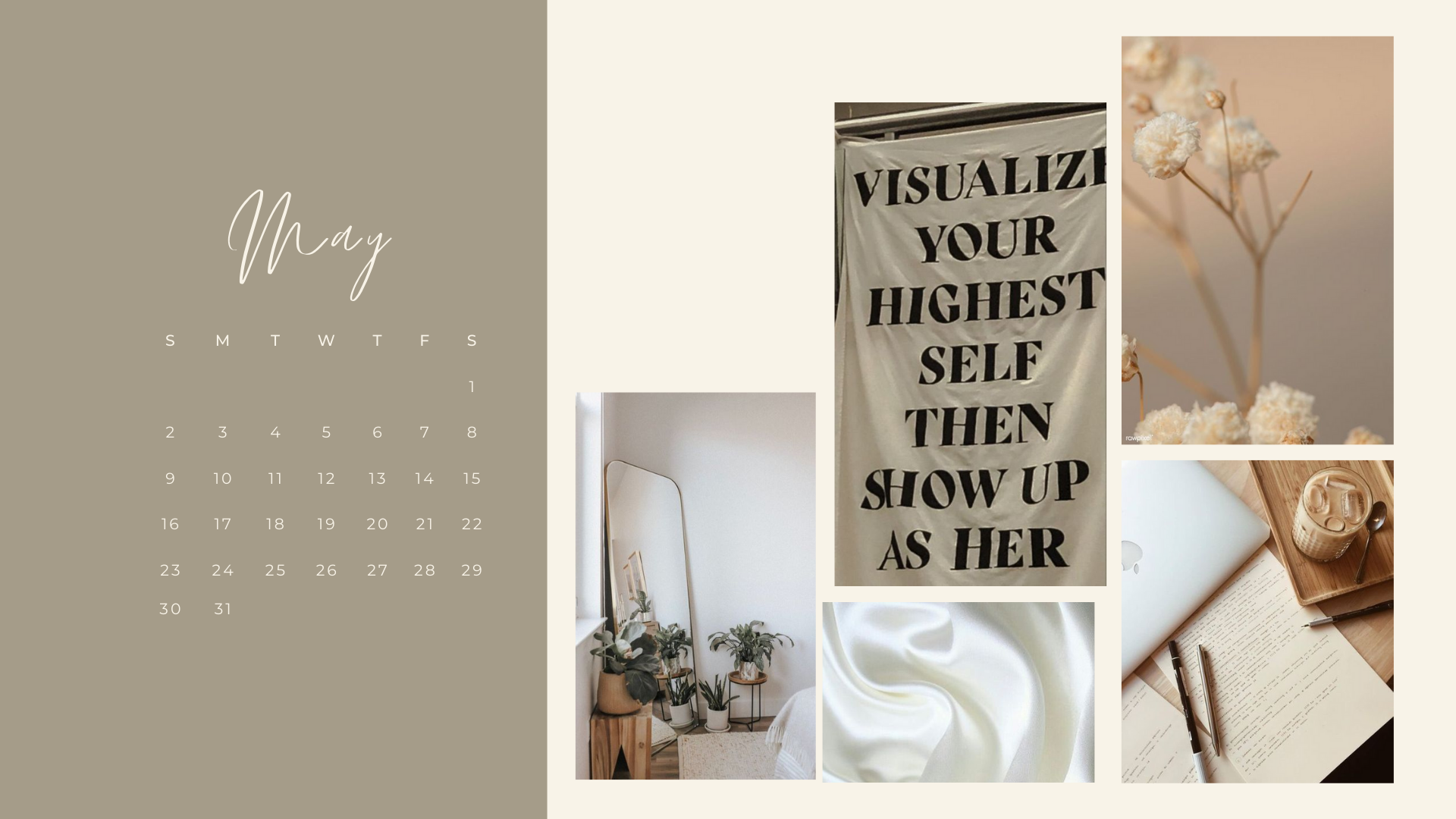 Kalender, Mai, Visualize Your Highest Self, Spruch, Beige, Ästhetik, MacBook-Hintergrundbild