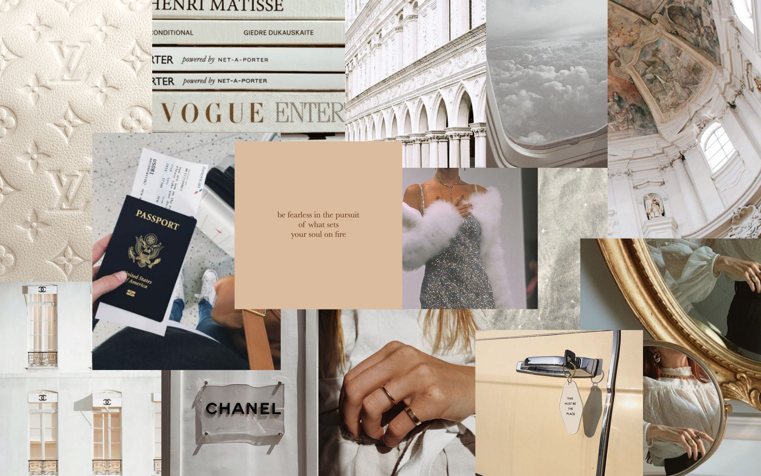 Collage, Vogue, Chanel, Reisepass, Beige Ästhetik, Moodboard, MacBook, Wallpaper