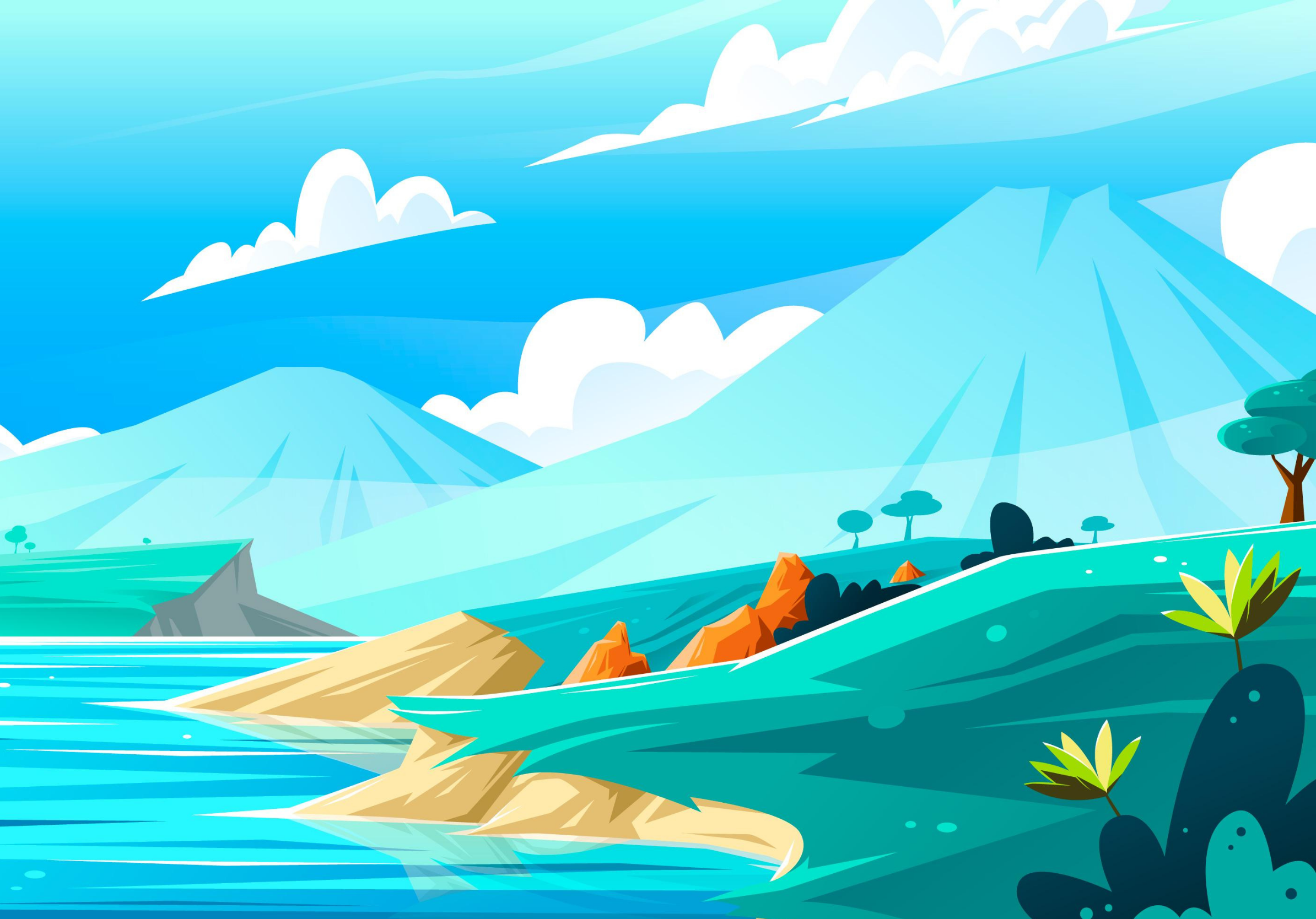 Berge, Meer, Inseln, Illustration, Türkis, Wolken, iPad Pro, Hintergrundbild