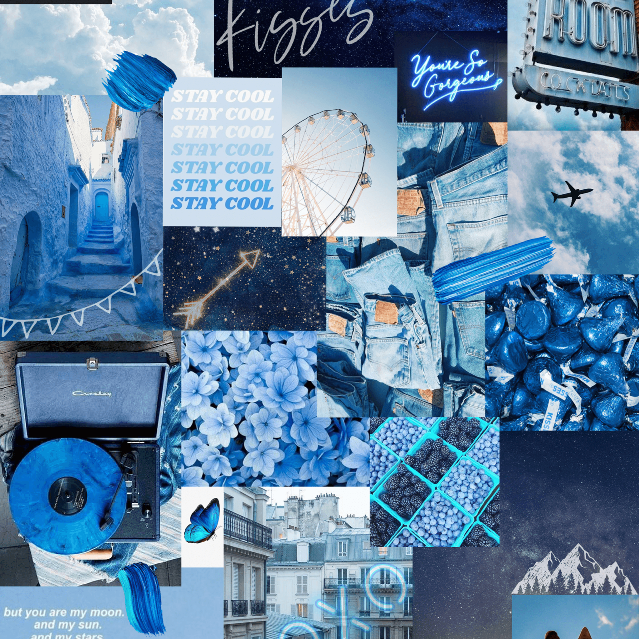 Collage, Blaue Ästhetik, Riesenrad, Blumen, Zitate, iPad Pro, Tablet-Hintergrundbild