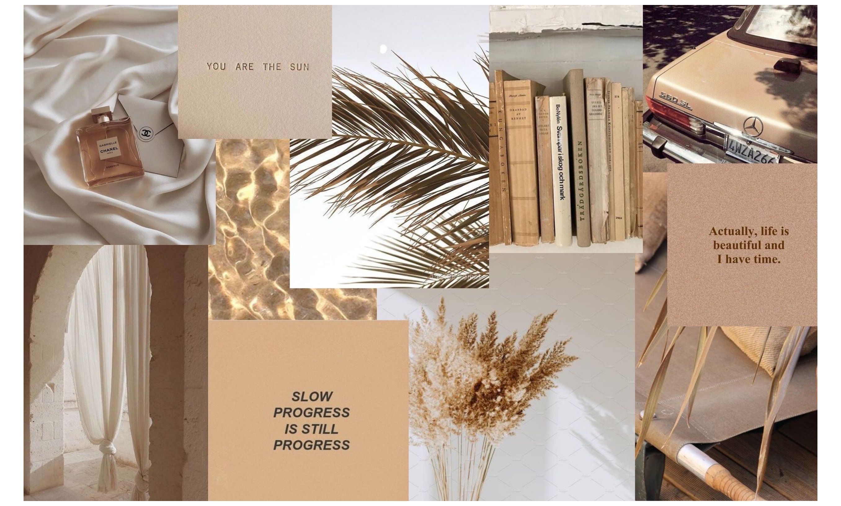 Collage, Beige Ästhetik, Bücher, Pampasgras, Palmenblatt, Motivationssprüche, MacBook-Hintergrundbild