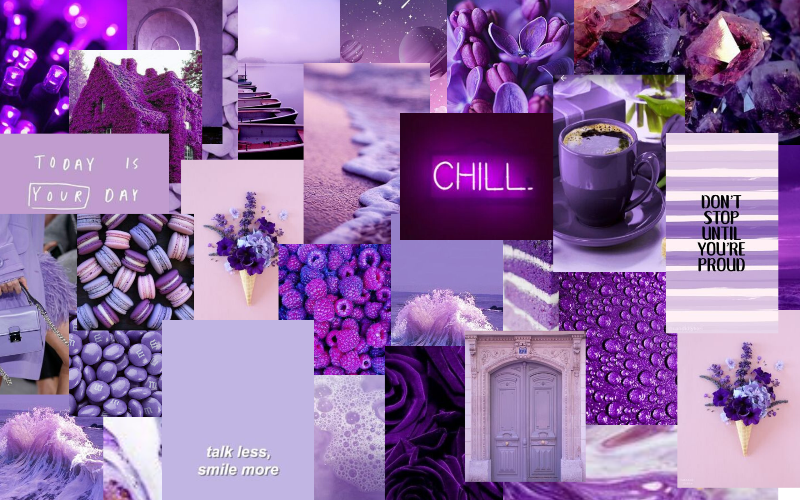 Collage, Lila Ästhetik, Chill, Neonschrift, Blumen, Moodboard, MacBook, Hintergrundbild